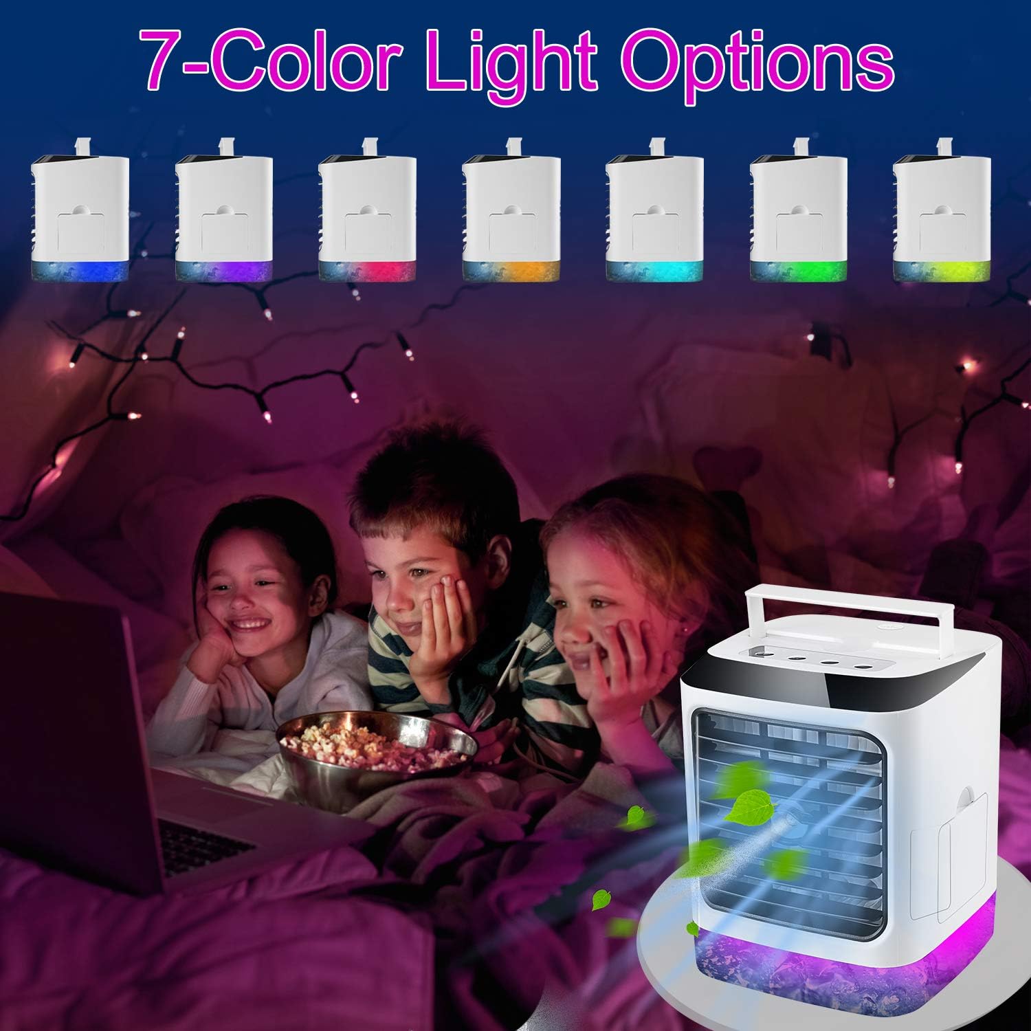 Fuloon Personal Air Cooler,4 in 1 Portable Space Air Conditioner Cooling Fan & Evaporative Spray Humidifier Purifier, Mini USB Desktop ice Fan,7 Colors LED,3 Wind Speeds for Home Room Office Outdoor
