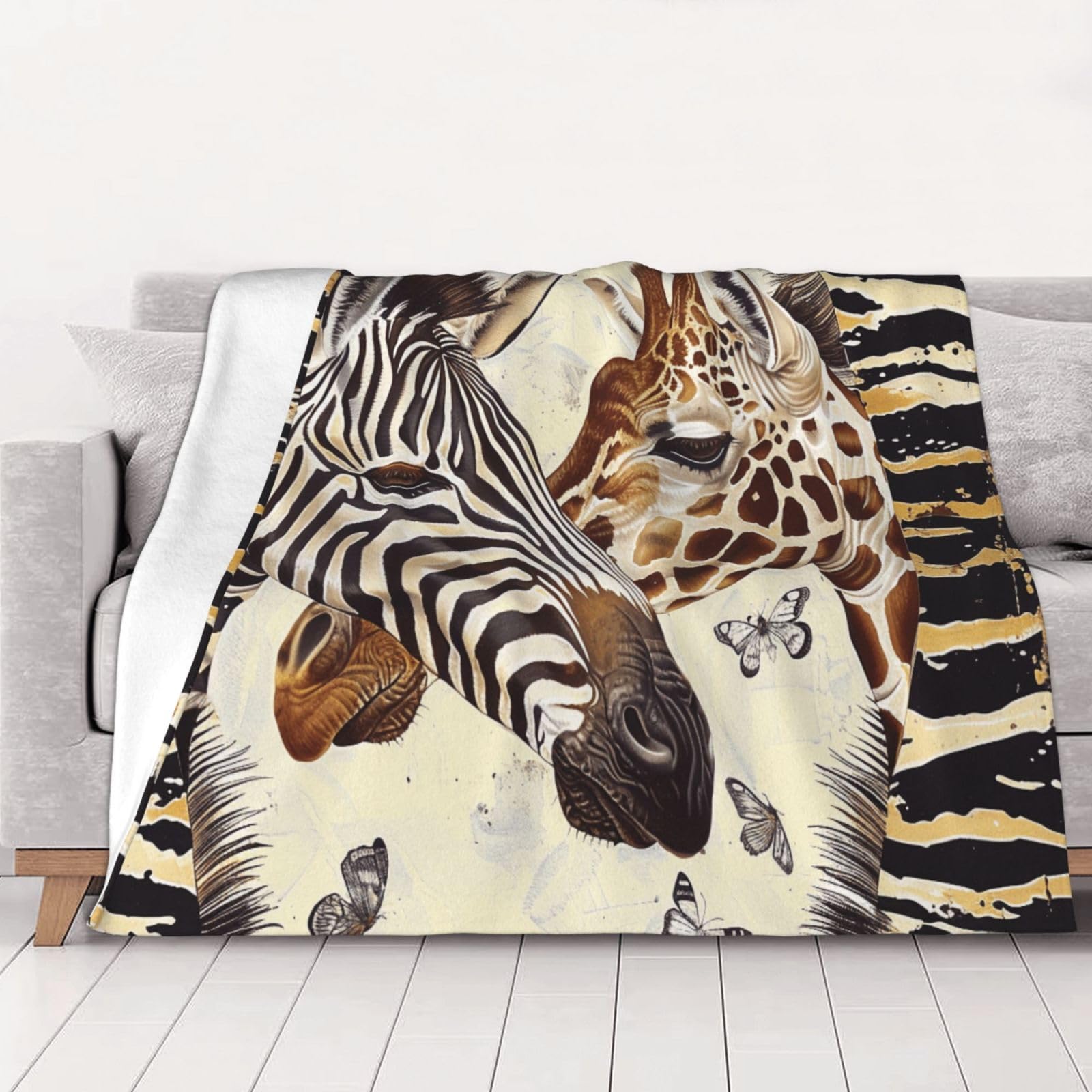 AUBKFELD Zebra and Giraffe Printed Flannel Blanket 200x150 CM, Soft & Warm Throw Blanket for Sofa/Couch/Bed/Car, Gifts for Audlts Women Men