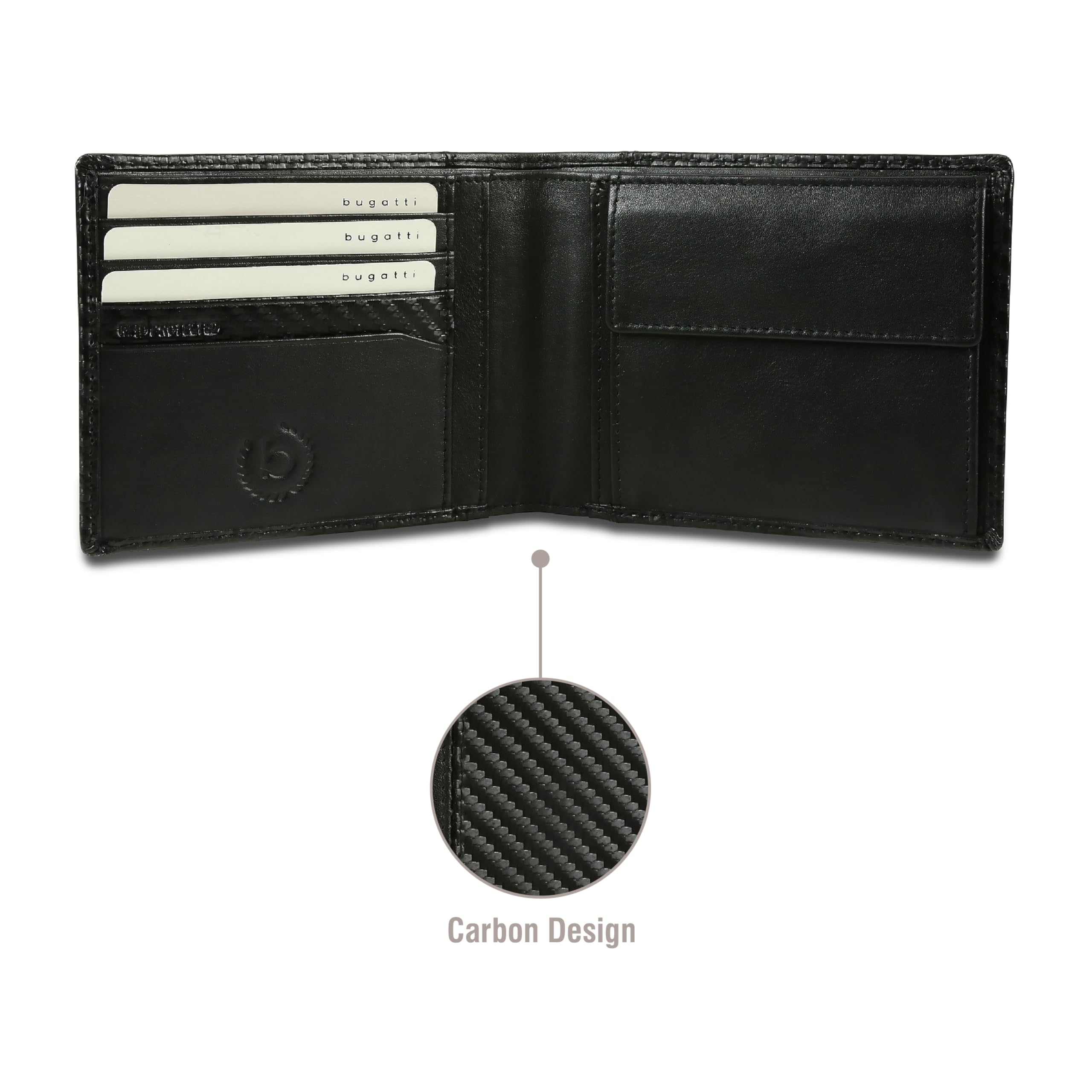 bugatti Comet Cartera RFID Hombre Piel Carbono con Monedero - Negro
