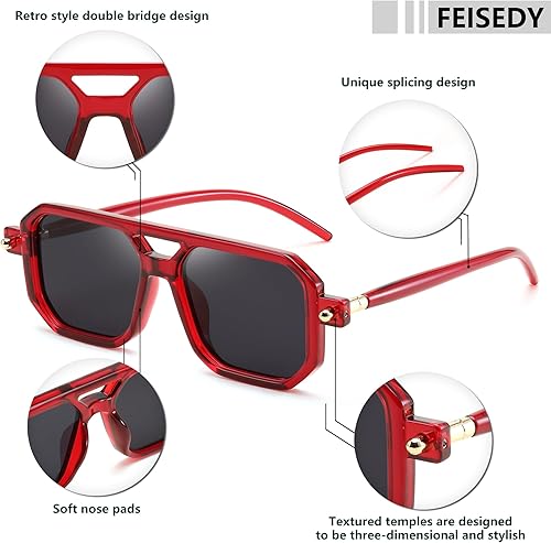 Miniatura 178 de Feisedy - B2622 - Lentes de sol estilo aviador, cuadrados, clásicos de los años 70, unisex, con montura clásica retro y elegante, UV400 Marco