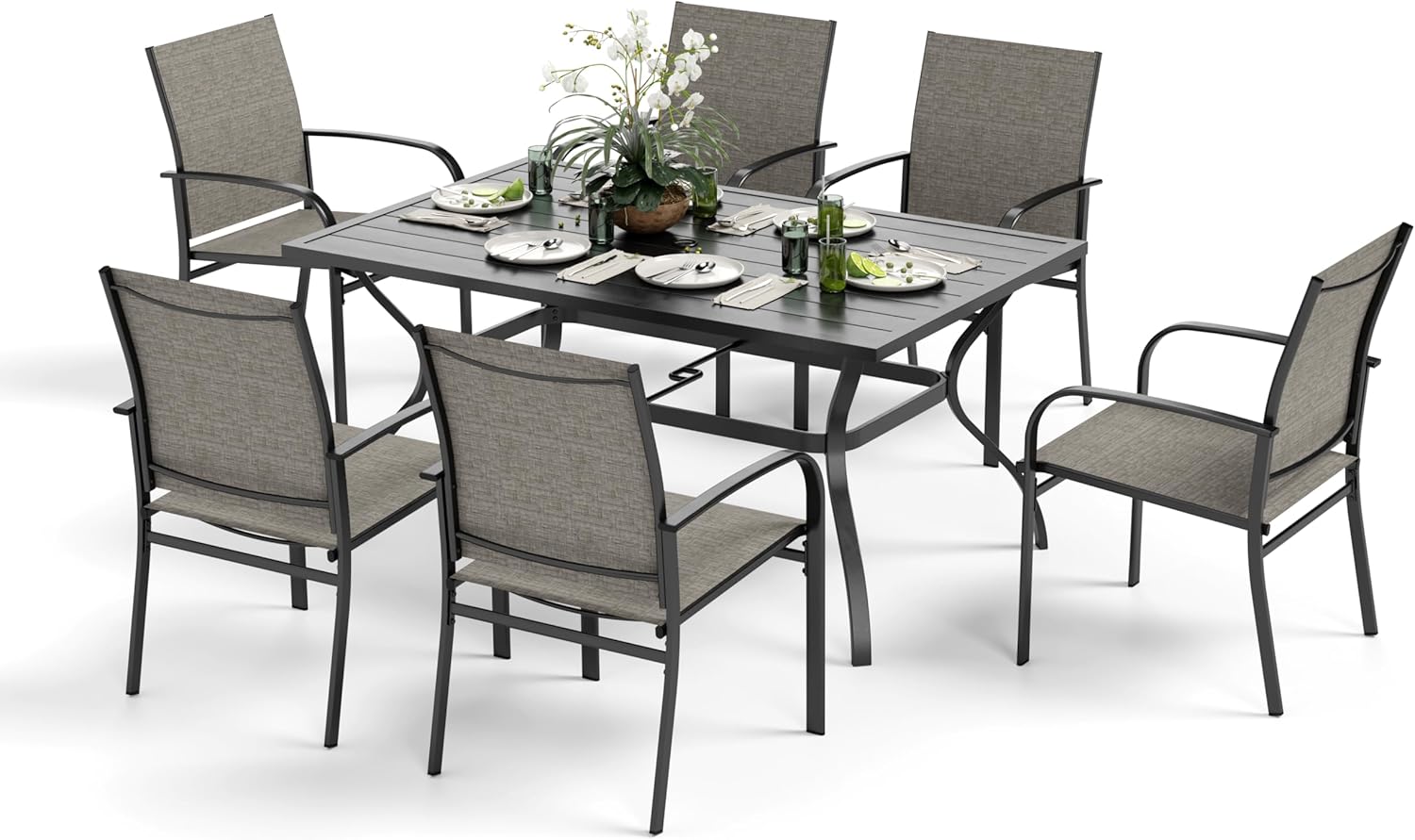 Patio Table and Chairs Set, Patio Dining Set for 6 with Brown Chairs and Metal Rectangular Table for Deck Backyard Lawn Poolside