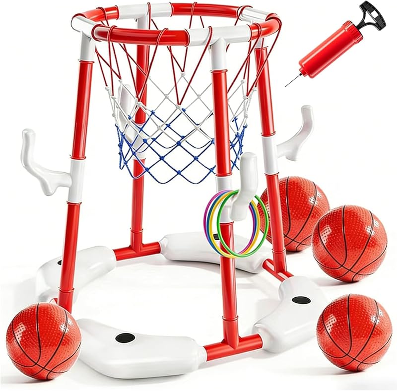 Pool Basketball Hoop,Floating Basketball Hoop,2-in-1 Floating Pool Toys Ring Game with 4 Balls and Pump,Summer Outdoor Swimming Pool Games Water Play Toys for Kids Ages 4-8 8-12 Adult(Red)