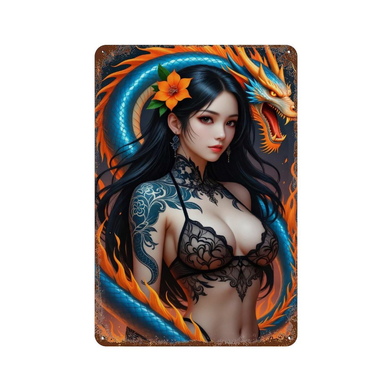 Garage Style Dragon Woman Distressed Metal Wall Sign 11.8"x7.9", Classic Wall Plaque for Bar And Workshop
