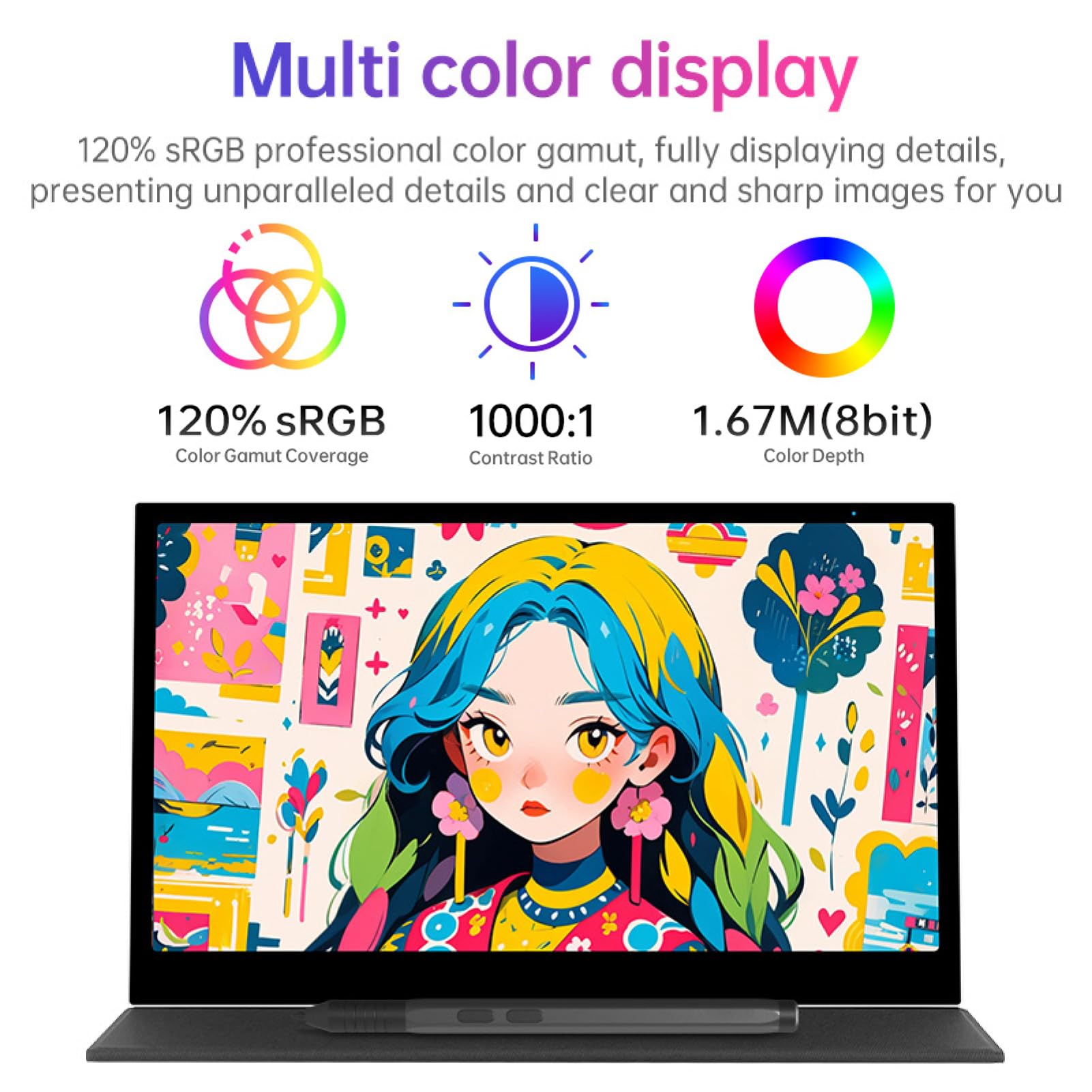 Tableta Gráfica con Pantalla 15,6 Pulgadas FHD Laminada | 16384 Niveles de Presión, Lápiz Sin Batería, 120% sRGB para Dibujo Digital, Ilustración y Diseño Gráfico