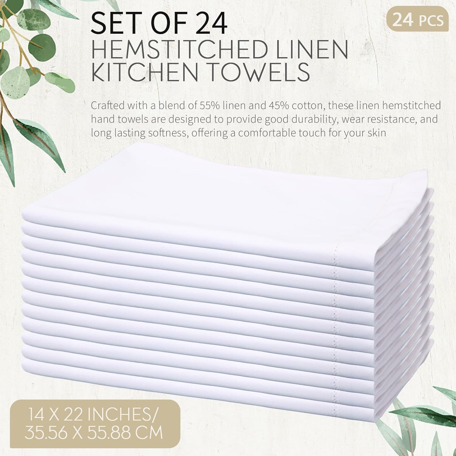 Mixweer 24 Pcs 14" x 22" White Linen Hemstitched Hand Towel Linen Tea Towels for Embroidery Dish Towels for Bathroom Kitchen