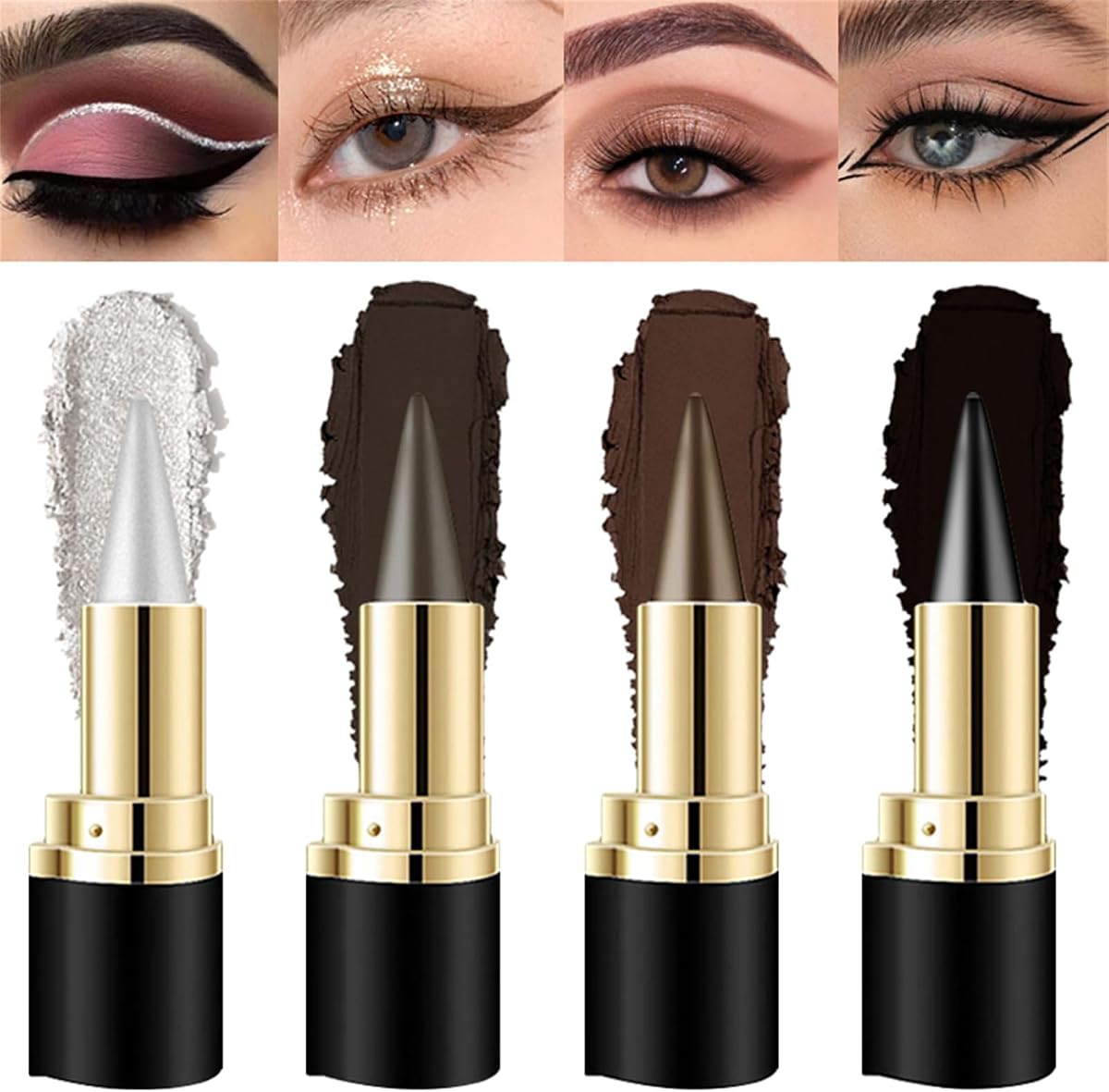 4Pcs Black Silver Grey Brown Gel Eyeliner Pencil Set, Halloween Makeup Waterproof Long Wear Natural Eye Lip Face Paint Stick Matte Liquid Eyeliner Cream Black Smokey Eye Liners Eyeshadow Crayon