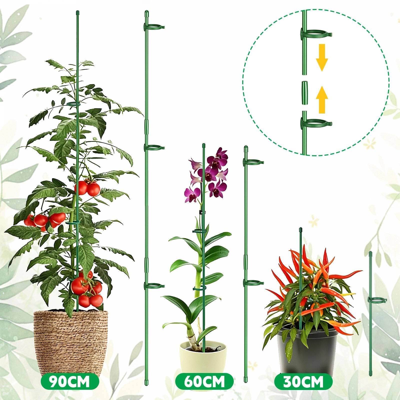 20 Piezas Tutores para Plantas, Palos para Sujetar Plantas con 20 Clips Plantas 10 Tubos de Extensión, para Plantas para Orquídeas, Tomates, Peonías, Enredaderas (90 PCS)