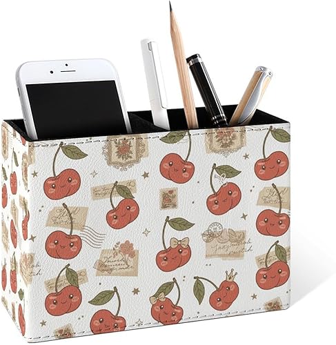 Famame Vintage Collage Cartoon Cherry Pencil Holder for Desk, Leather Desktop Container Pen Cup Storage Study Table Pen Organizer Makeup Brush