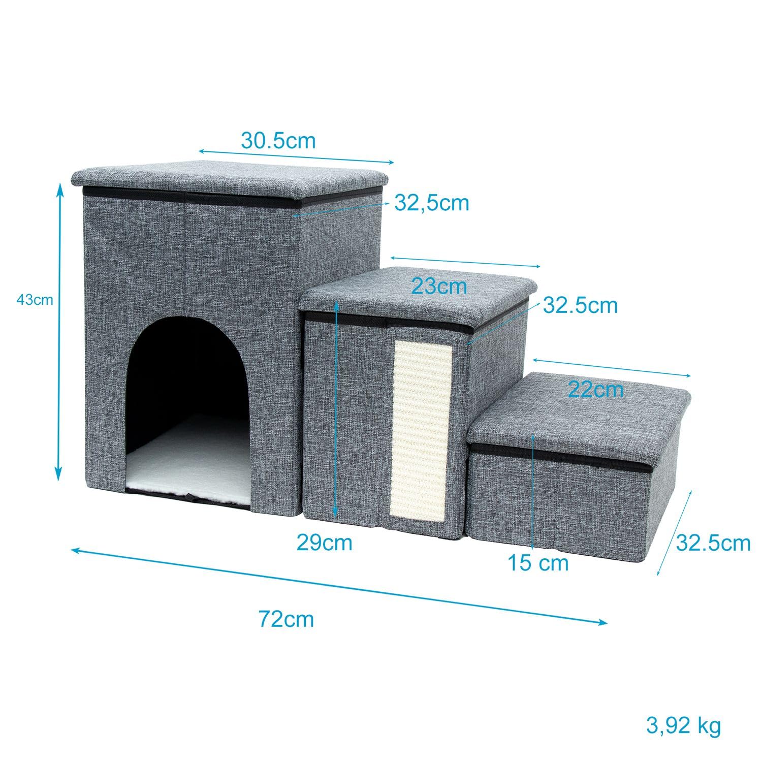 Intirilife Scale per cani pieghevoli con 3 gradini in grigio -72x32,5x43 cm- scale per animali domestici con vano portaoggetti -scala per gatti tiragraffi- box portaoggetti, per divano letto divano