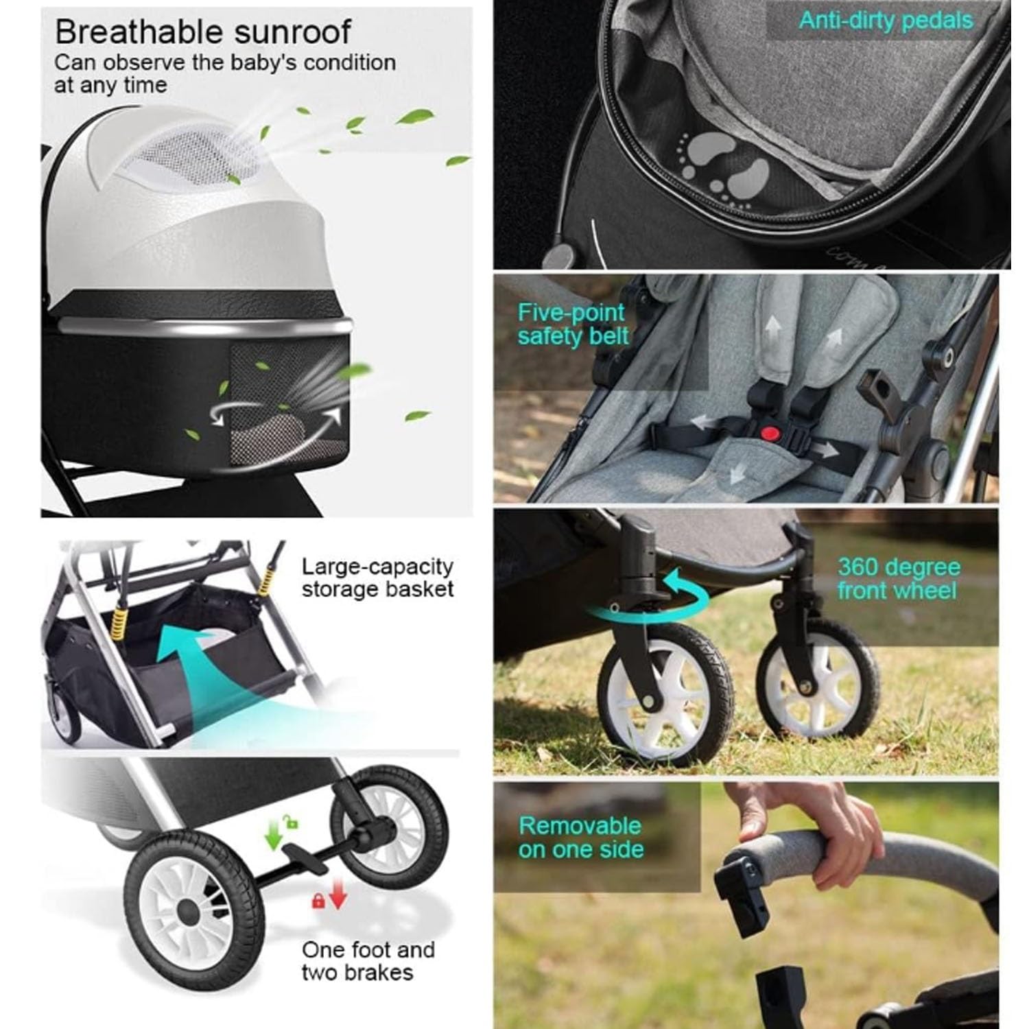 Cochecito doble para niños pequeños uno al lado del otro, cochecito de bebé de dos vías, cochecito gemelos, desmontable, asiento alto horizontal y toldo ajustable (blanco)