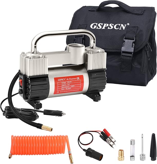 GSPSCN Silver Tyre Inflator Heavy Duty Double Cylinders with Portable Bag, Metal 12V Air Compressor Pump 150PSI with Adapter for Car, Truck, SUV Tyres, Dinghy, Air Bed etc