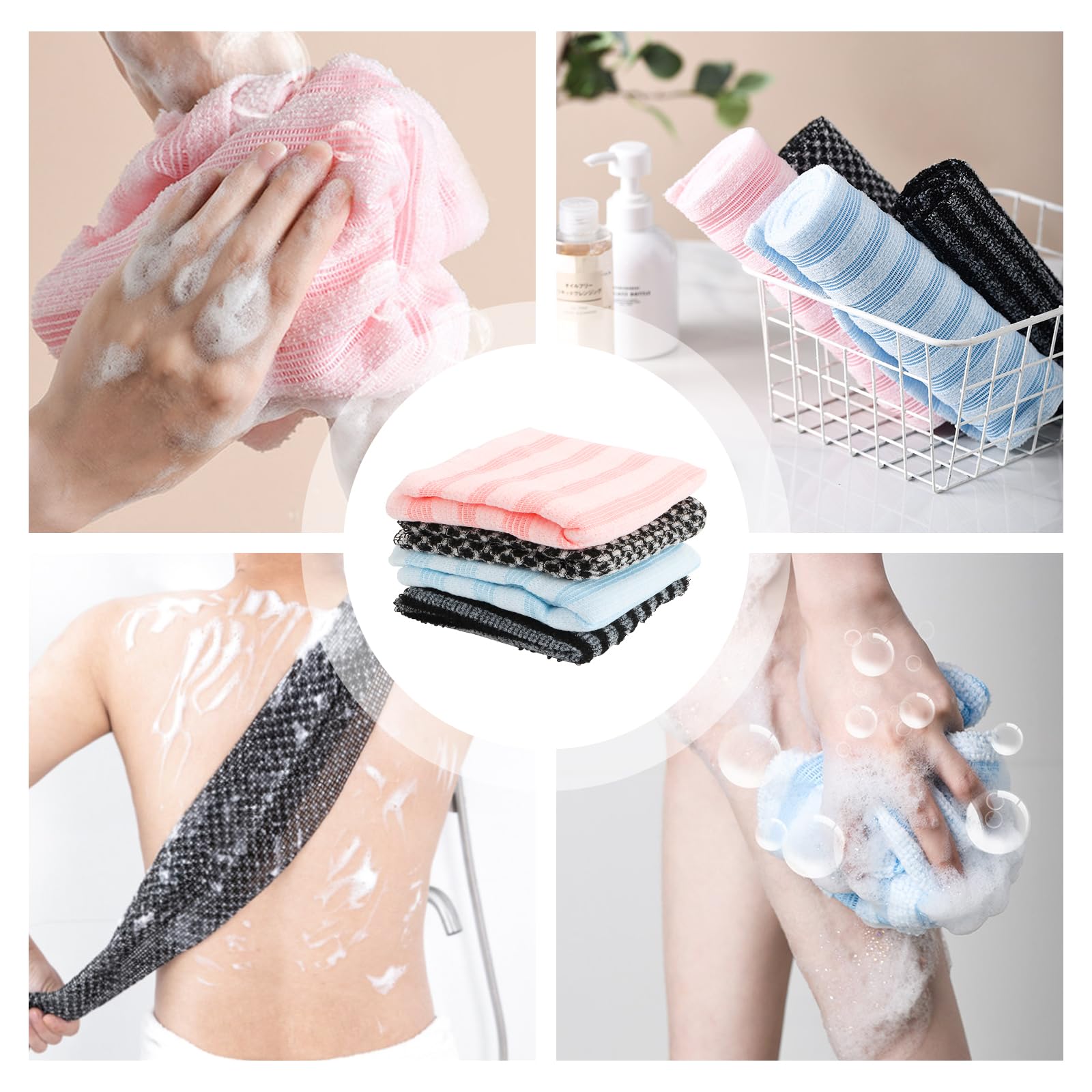 Exfoliating Shower Towel, 4 unidades de toallas exfoliantes japonesas, toallas de ducha exfoliantes extralargas, toalla exfoliante de dos caras para limpieza, spa, baño y ducha, hombres y mujeres