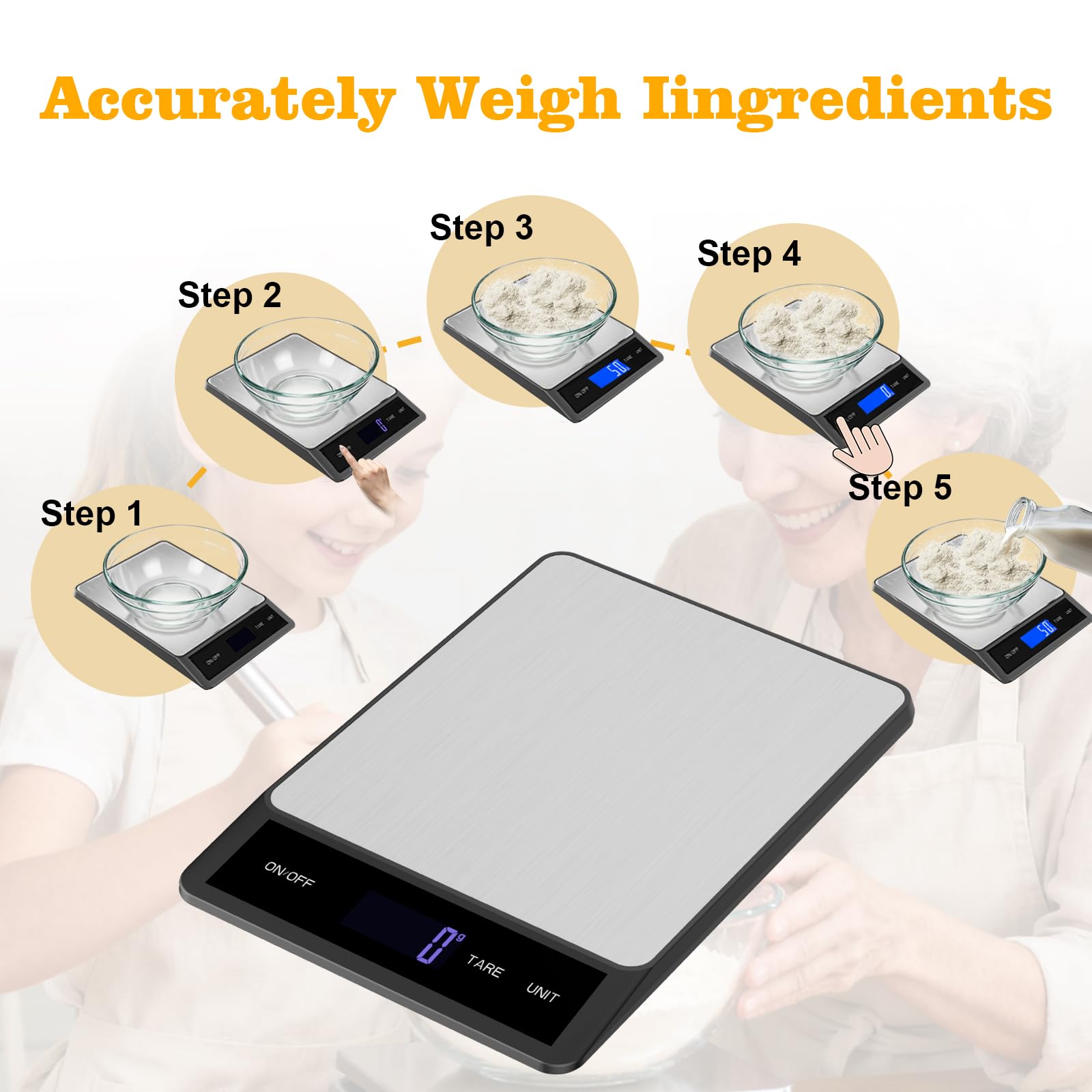 Lebensmittelwaage Gramm und Unzen – Digitale Küchenwaage, 15 kg, 1 g Genauigkeit, wiederaufladbares Typ-C-Aufladen, mit Batterien, Edelstahl, leicht zum Kochen, Backen, Mahlzeitenzubereitung