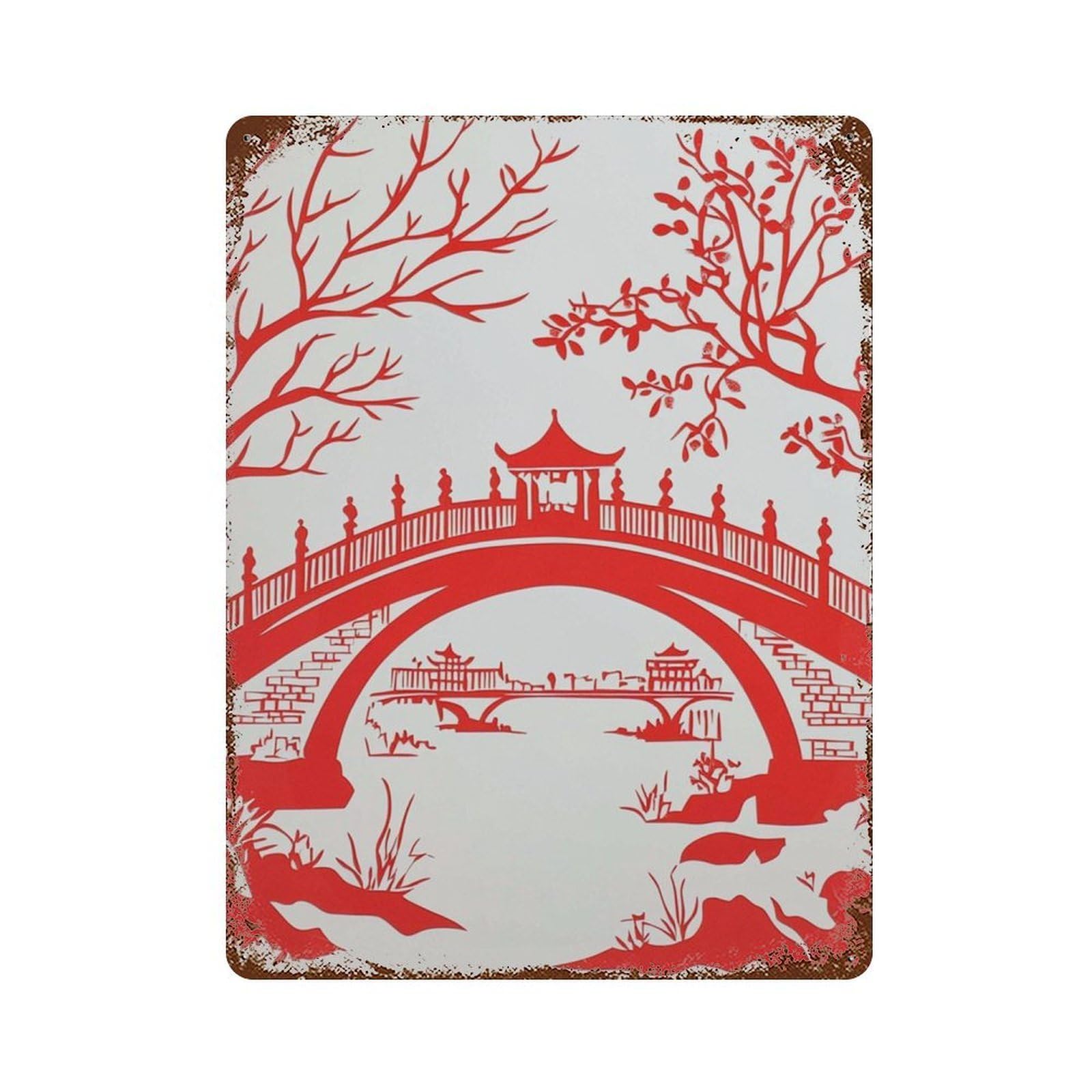 xiaoxiaoshen Red Oriental Bridge Chinese Minimal Landscape Pagoda Garden Silhouette Modern Wall Decor Art Metal Tin Poster Modern Home Decor Art Home Bar Shop Decorations Vintage Sign 40x30cm
