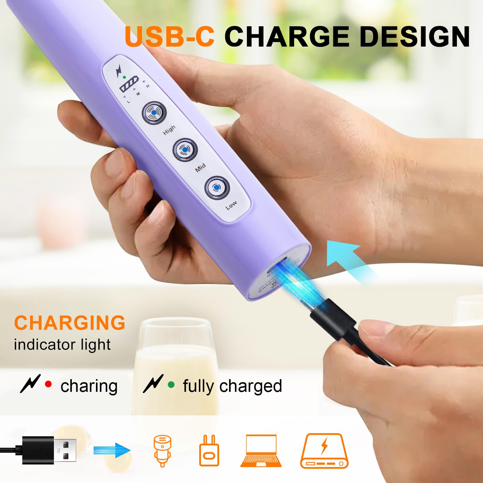 YUSWKO Mousseur à lait rechargeable pour café avec support, mélangeur portatif avec 3 têtes, 3 vitesses, agitateurs électriques pour latte, cappuccino, chocolat chaud, œuf – Violet clair
