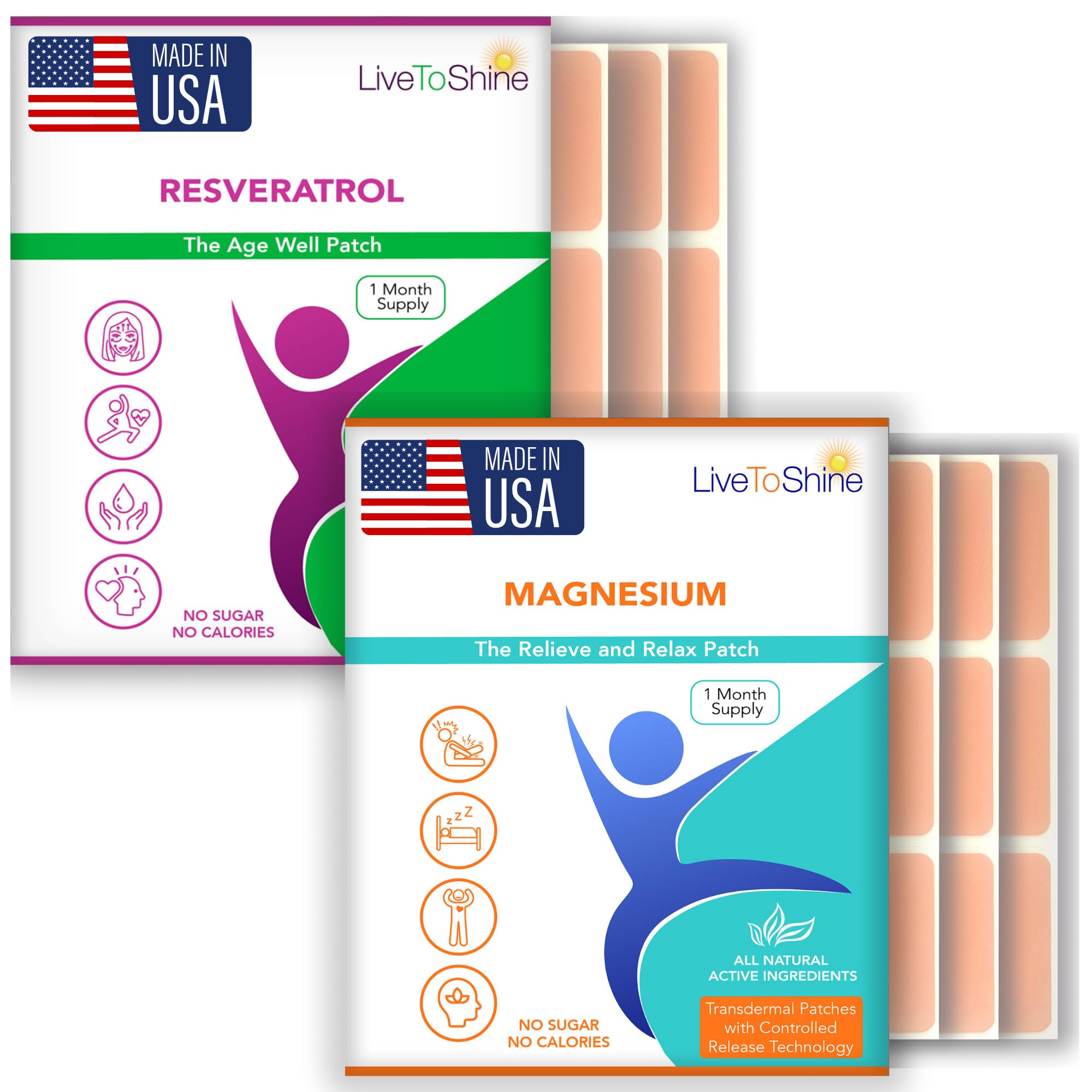 Magnesium and Resveratrol Patch Bundle - 2 Packs - 30 Day Supply Each Pack (60 Patches) - USA Made by Live To Shine