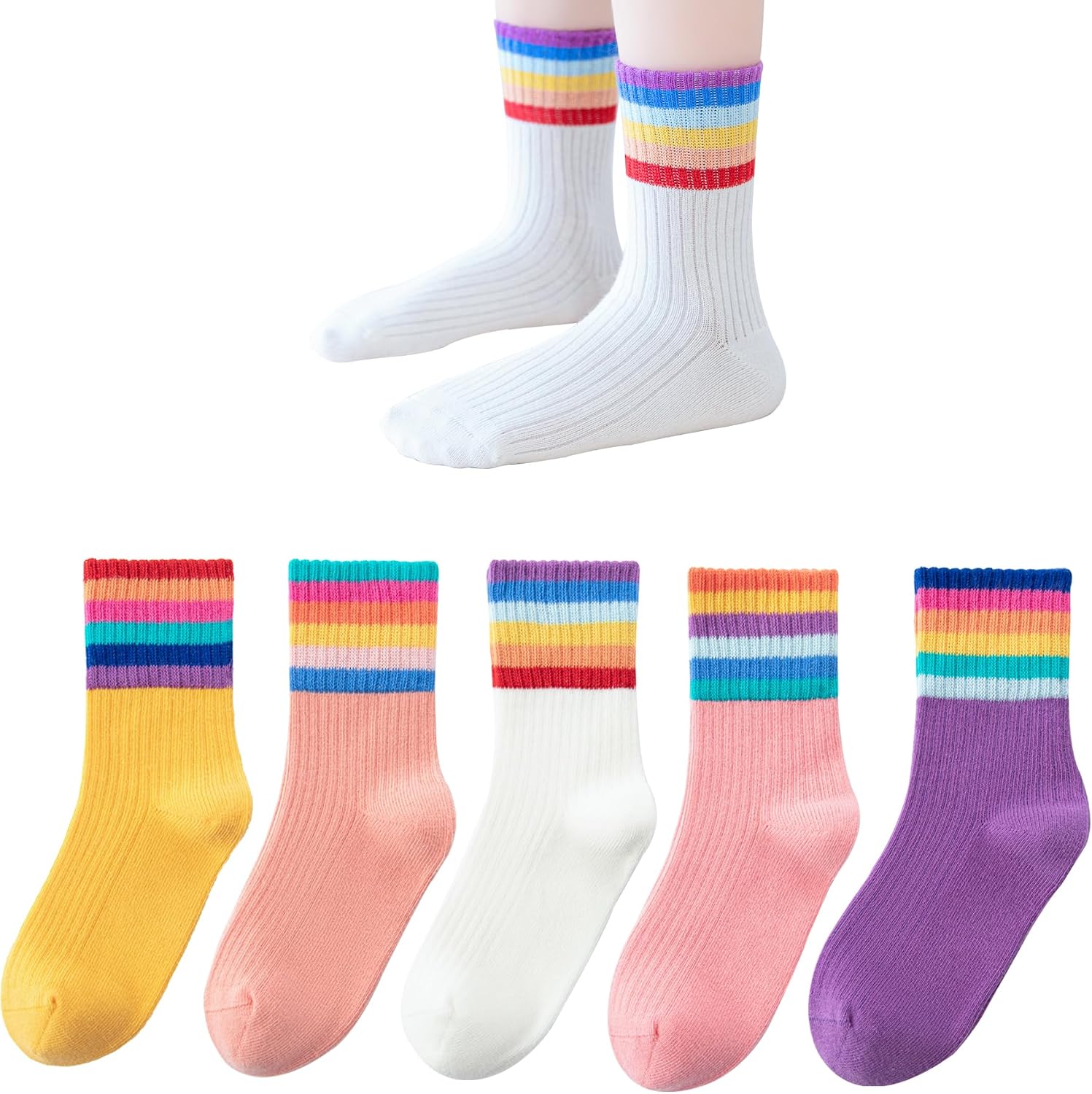 Marchare Girls Cotton Crew Socks Kids Casual Socks School Socks Rainbow Stripes 5 Pack