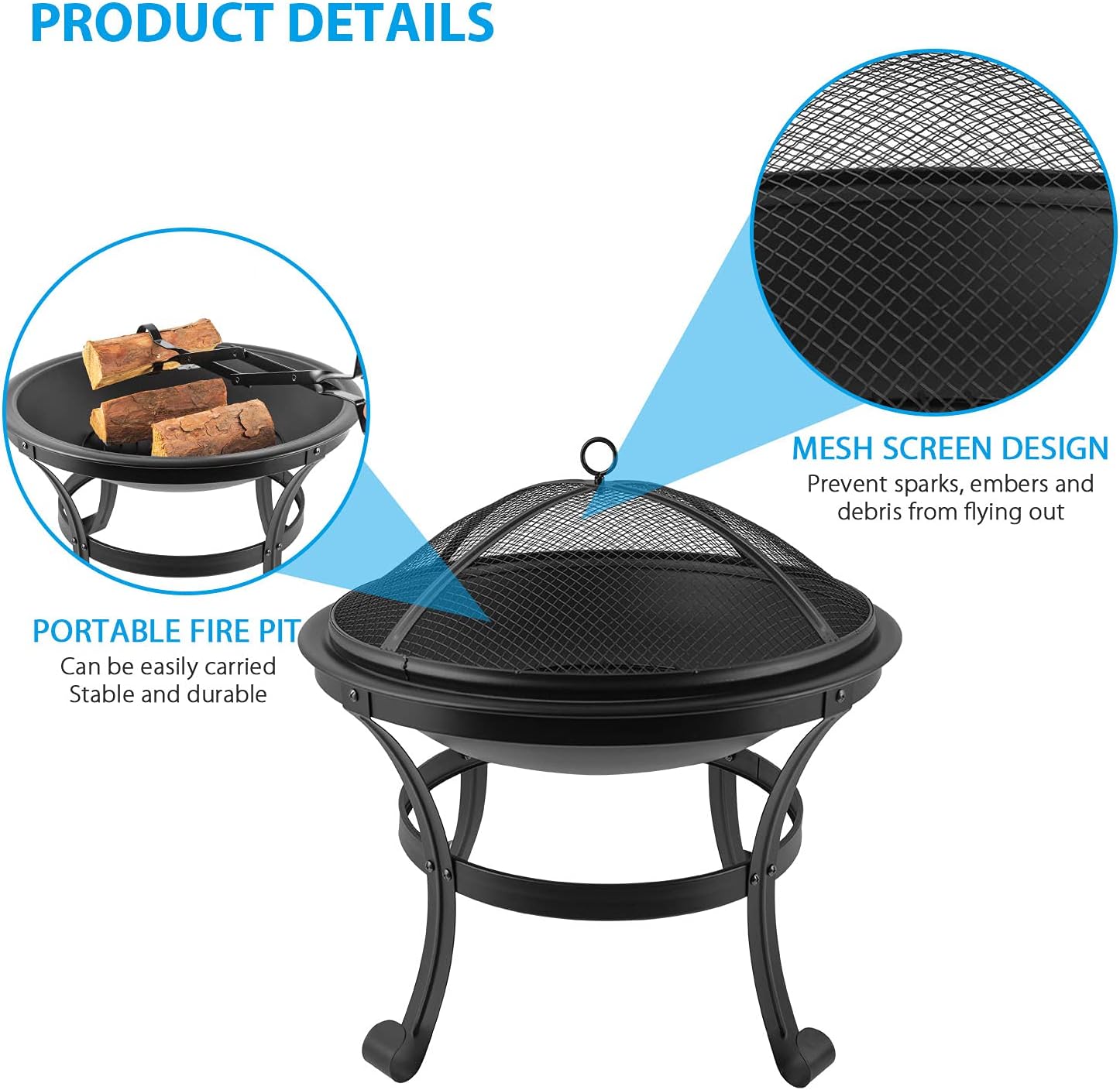 Fire Pit, 22 Inch Fire Pit Outdoor Fireplace Burning Steel BBQ Grill Firepit Bowl with Spark Screen and Fireplace Poker for Camping Backyard Garden Bonfire Patio (22 Inch) : Garden & Outdoor