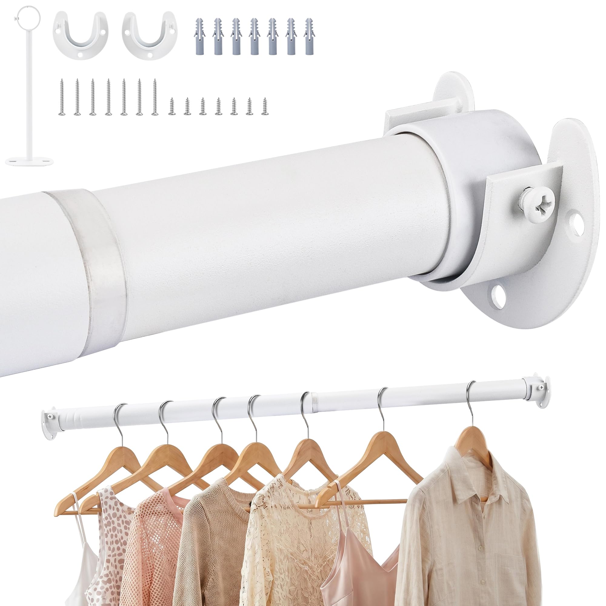 Wardrobe Rail,Extendable Clothes Rails, Stainless Steel adjustable wardrobe pole with Fixing Sockets and Screws for Wardrobe and Cupboard, Closet,Cloakroom, White, 43-210cm(Diameter 32mm)