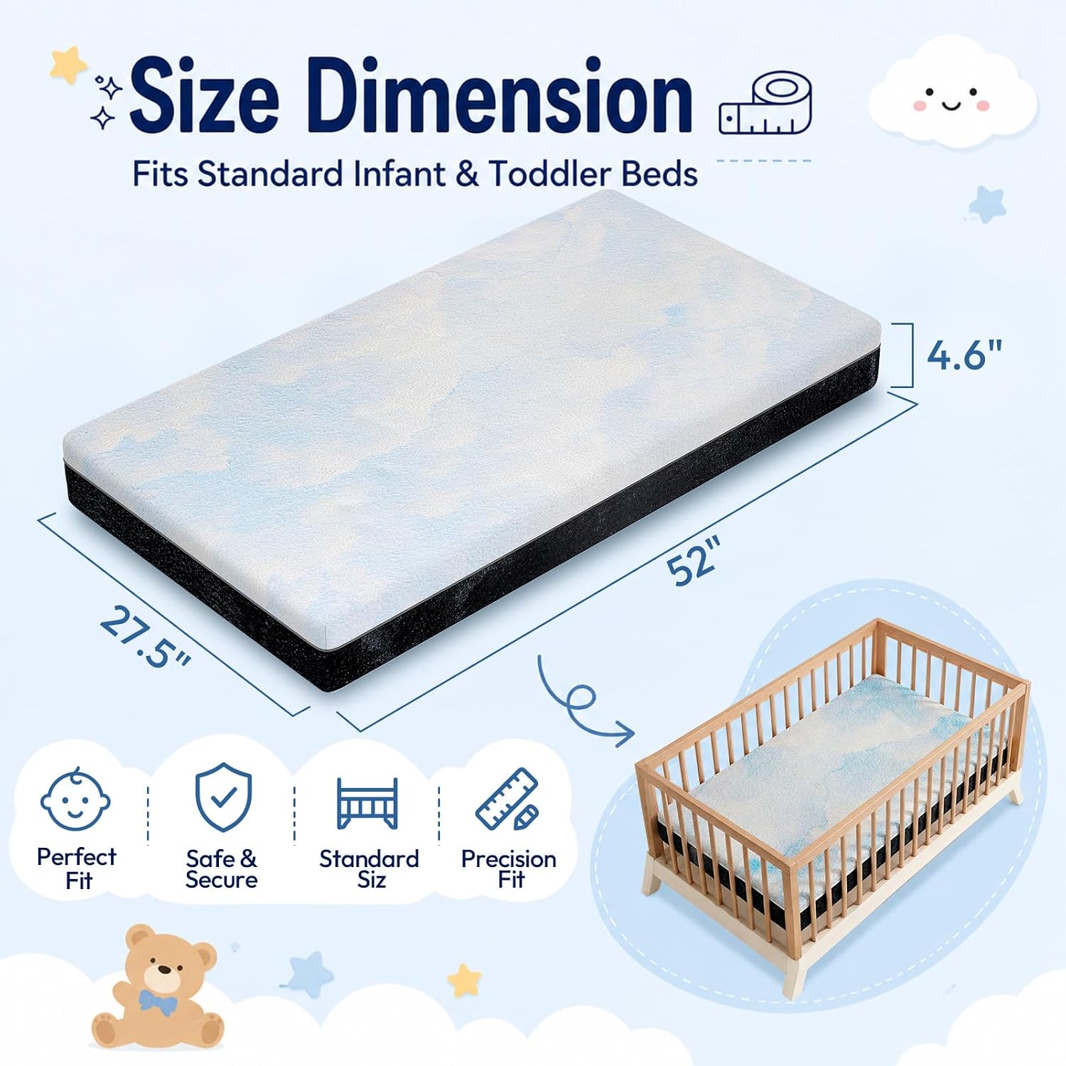 Crib Mattress, 52 x 27 Dual-Sided Memory Foam Baby and Toddler Mattress, Triple Layer Toddler Bed Mattress with Waterproof, Breathable, Removable Machine Washable Cover, Baby Mattresses for Crib