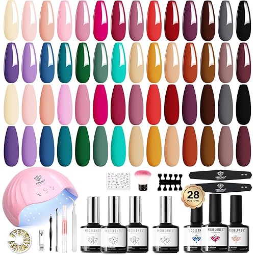 Modelones Kit de 45 esmaltes de uñas de gel con luz UV de 28 colores para todas las estaciones, rosa, nude, rojo, marrón, juego de uñas de gel,