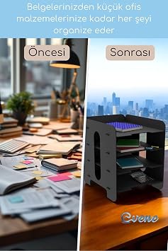 Evene Dosya Düzenleyici Masa Üstü Organizer Ahşap Evrak Raflı Model 1 Siyah, eorganizer1