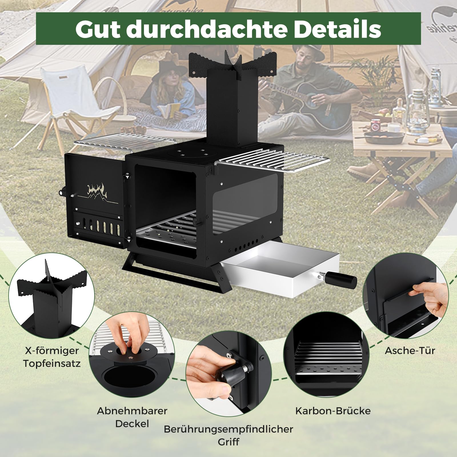 GYMAX Holzofen, tragbarer Campingofen mit hitzebeständigem Glasfenster, Grillrost & Topfhalter, Zeltofen für Outdoor-Kochen, BBQ, Picknick, 54 x 36 x 44 cm