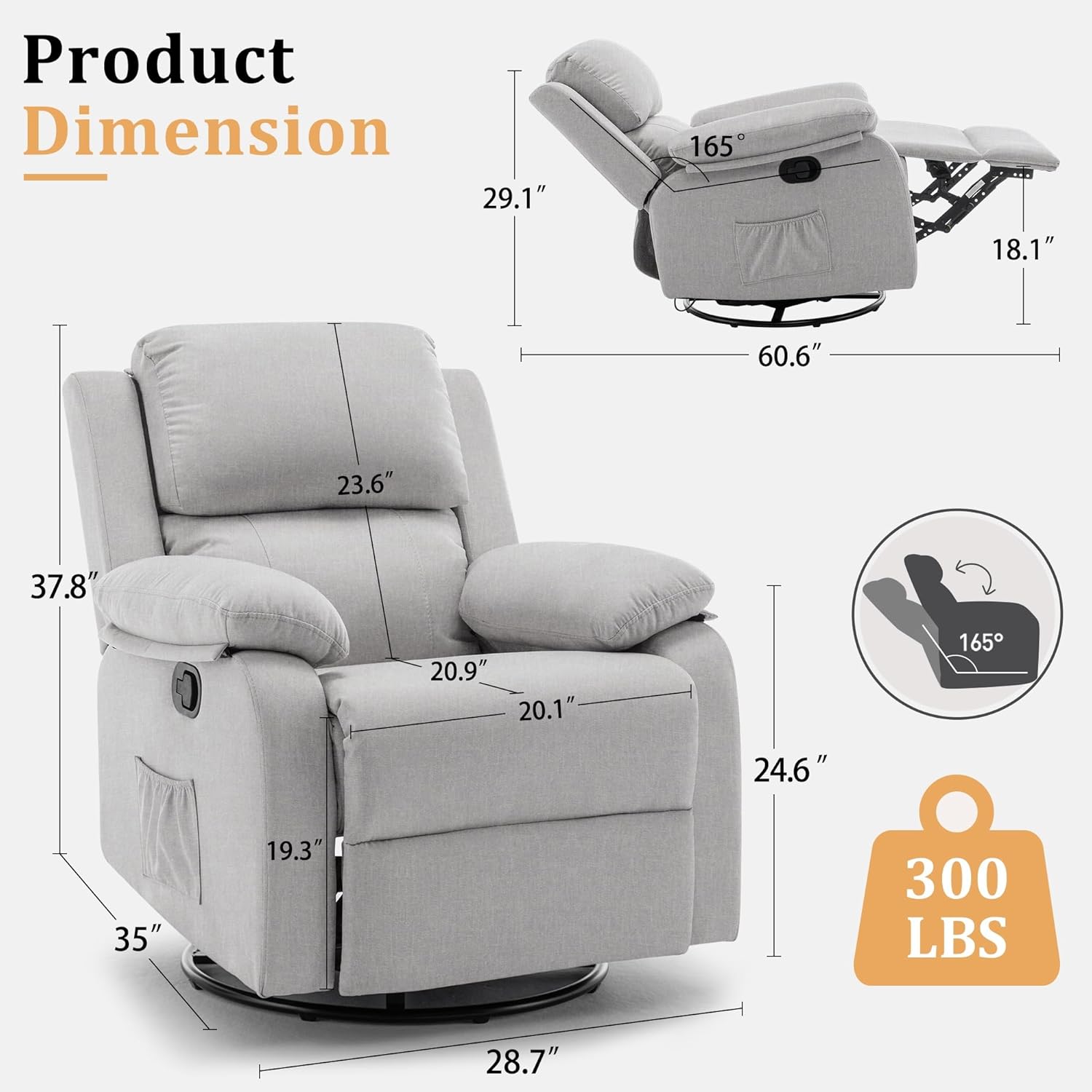 Korser Recliner Chair, 360 Swivel Rocker Chair for Adults, Small Rocking Recliner for Small Spaces, Upholstered Fabric Glider Recliner Nursery thumbnail