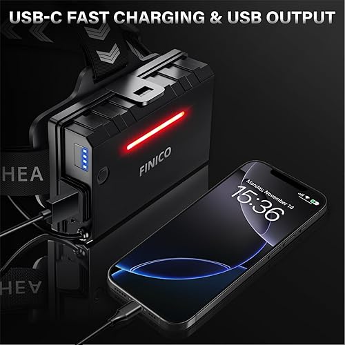 Miniatura 6 de FINICO Linterna frontal LED recargable de 990000 lúmenes altos, 95 horas de luz de cabeza de larga duración con zoom e impermeabilidad IPX7 y 12