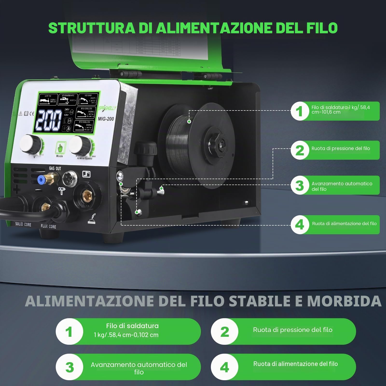 Saldatrice 5-in-1 200A 240V MIG/MAG Senza Gas MMA Lift TIG Inverter IGBT Display LED