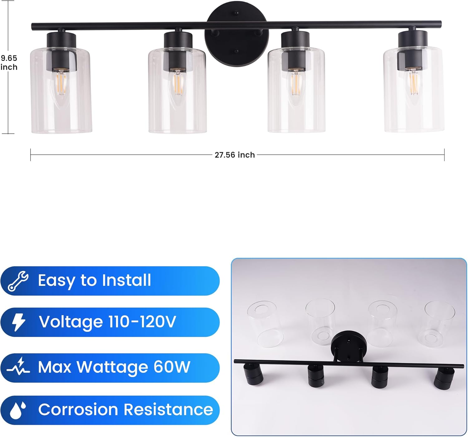 4-Light Bathroom Light Fixtures, Vanity Light with Clear Glass Shades, Matte Black Bathroom Light Fixtures Over Mirror, Modern Bathroom Wall Lamp for Mirror Living Room Cabinet Bedroom Wall Sconces