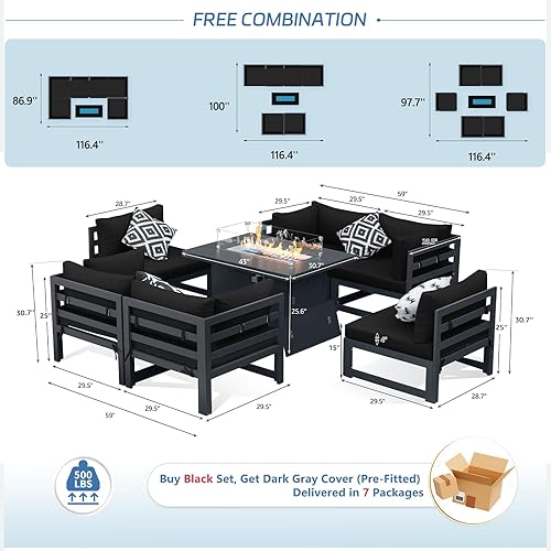 Miniatura 508 de NICESOUL 7 Piece White Powder-Coated Aluminum Patio Furniture with Fire Pit Table, 29 Inch Extra Wide Outdoor Sectional Sofa for 6, High-End Heavy