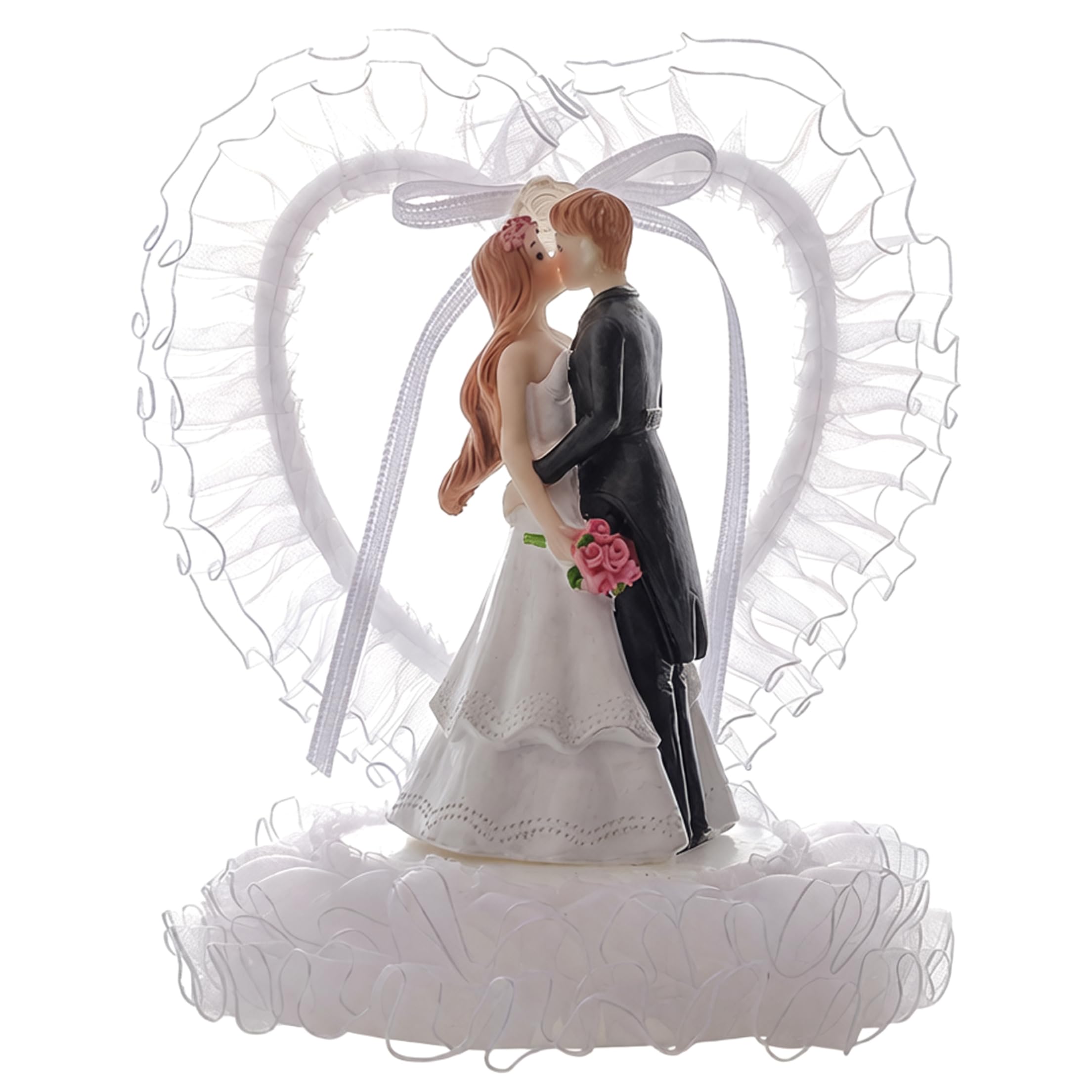 Xoeryoy Bride and Groom Cake Topper, Exquisitely Sculpted Wedding Cake Toppers Resin Figurine with Lace Ribbon Heart for Decor