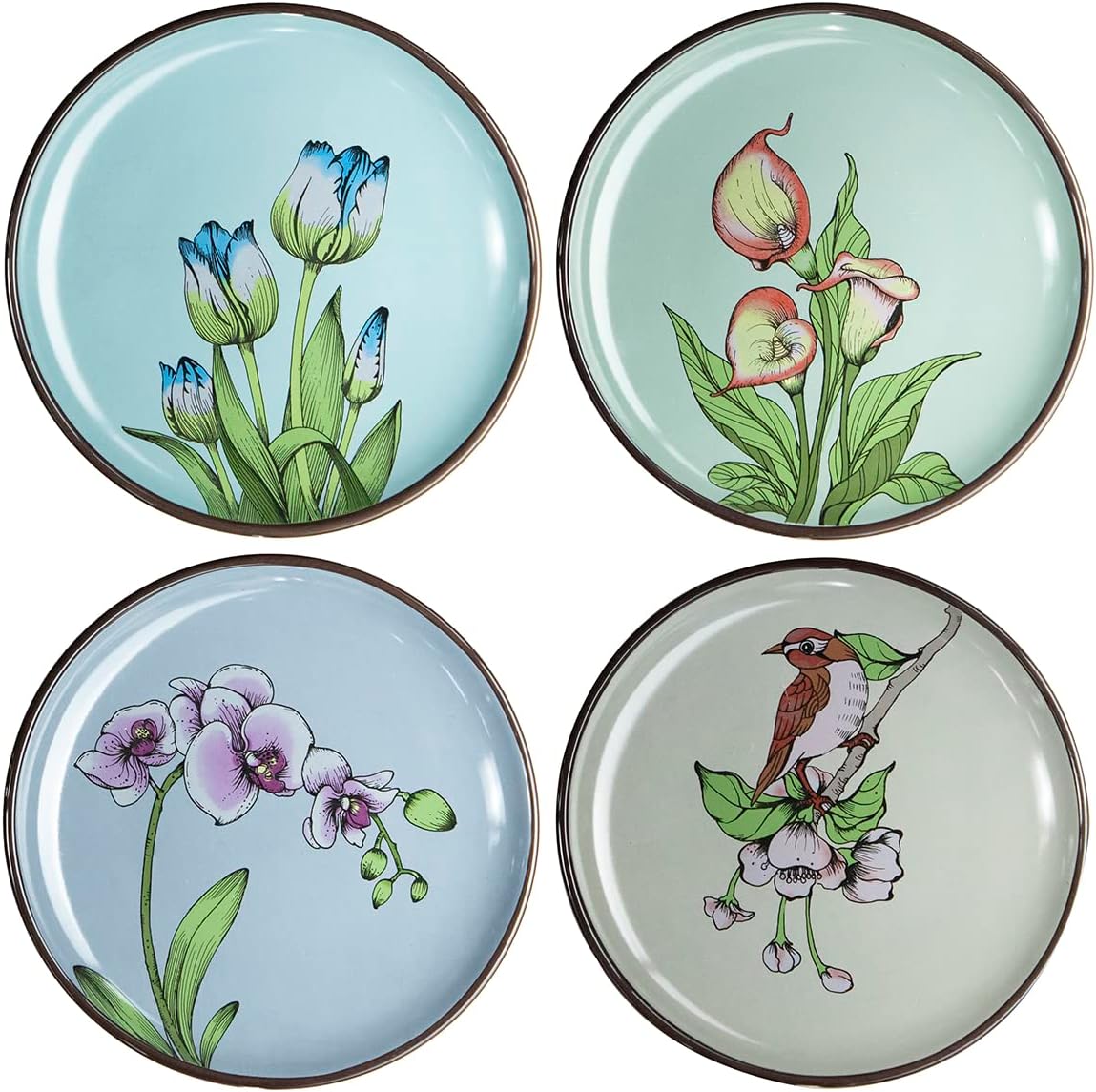 6-Inch Porcelain Snack Plate, Banquet Dessert Plate, Flower and Bird Pattern, Set of 4