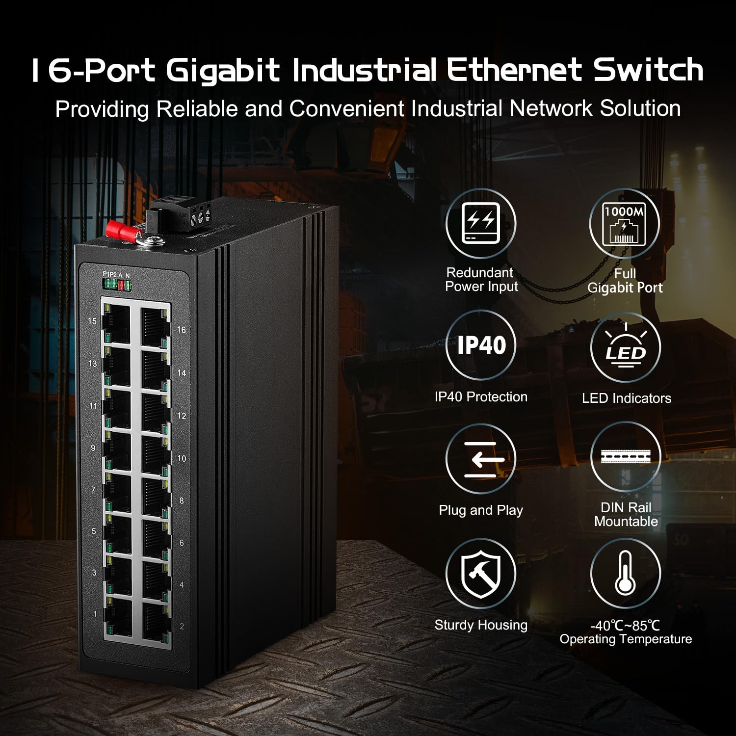 Binardat Commutateur Ethernet industriel 16 ports Gigabit DIN Rail 16 ports 10/100/1000 Mbps, sans ventilateur IP40 non géré Plug and Play