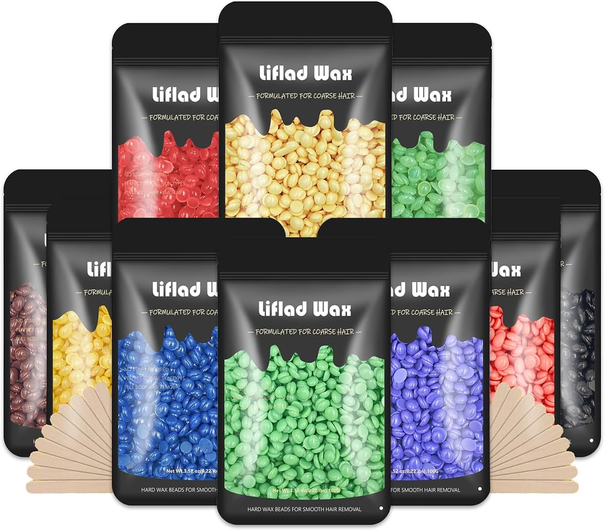 Perlas de cera dura para depilación gruesa – 2.2 lb, paquete de 10 granos de cera depilatoria con espátulas para cara, cejas, espalda, pecho, áreas de bikini, piernas – Recambios para cualquier calentador de cera