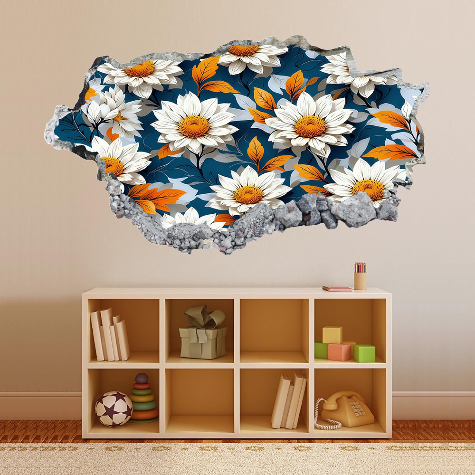 Autocollants de décoration murale 3D écrasés Fleur Autocollant mural Tatouage mural pour chambre d'enfant Chambre de bébé Salle de bain Salon Décoration d'intérieur 70x122cm