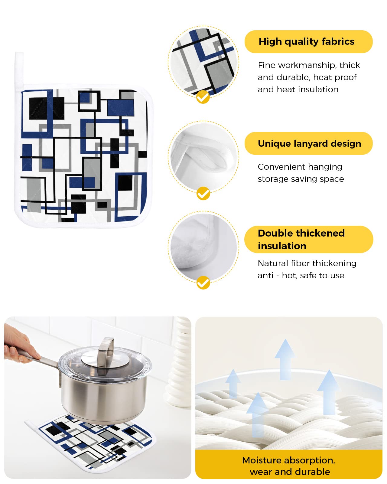 2 Pack Pot Holders for Kitchen,Nordic Royal Blue Checker Stripe Heat Proof Potholder Hot Pads Trivet,Modern Abstract Geometric Washable Coaster Potholders for Cooking Baking Grilling