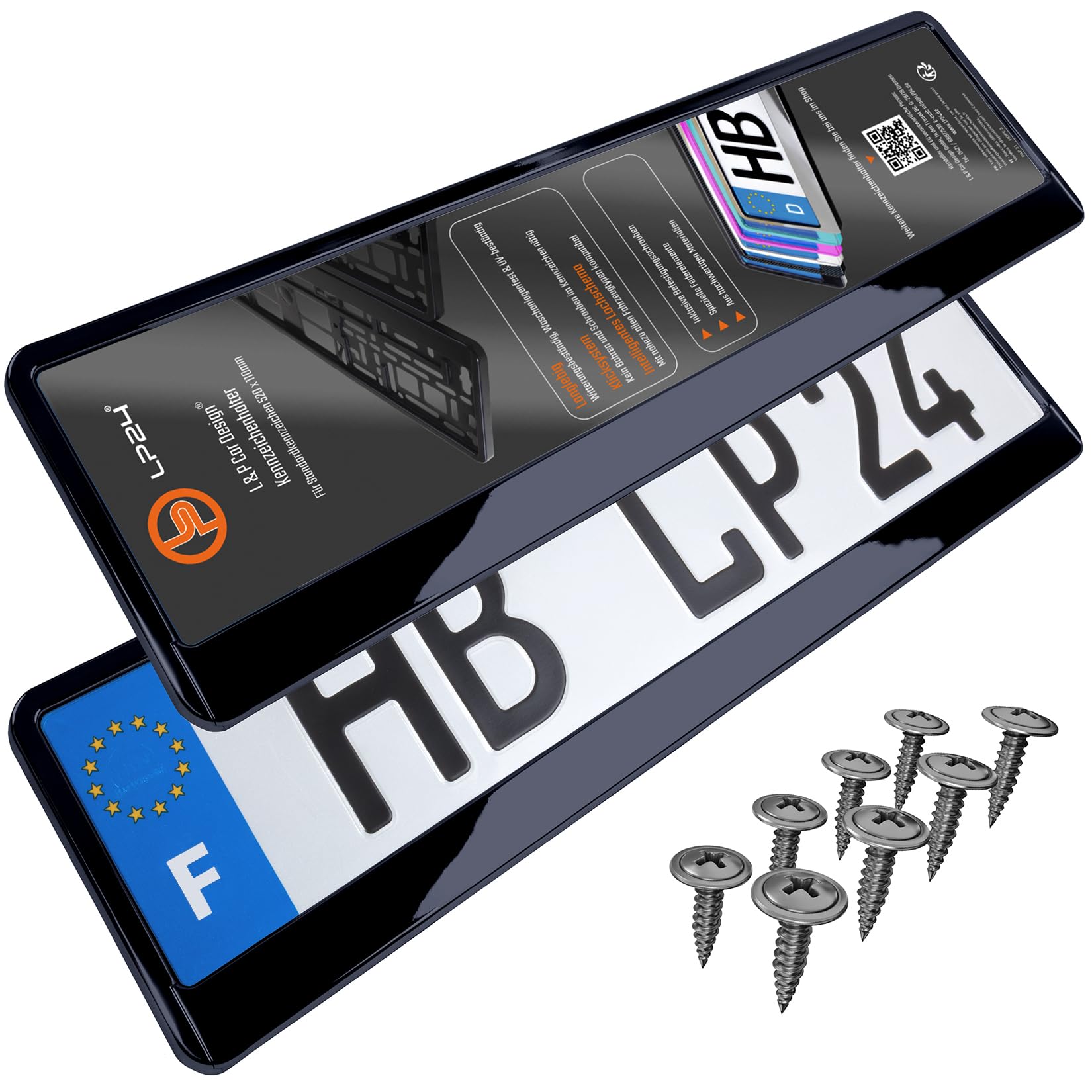 Support Plaque Immatriculation Voiture - [Simple, Durable & sur] - 8 Vis - 520x110 mm - Noir Brillant - Auto Porte Plaque Immatriculation adapté pour Toute Voiture - Fixation pour Plaque - Universel