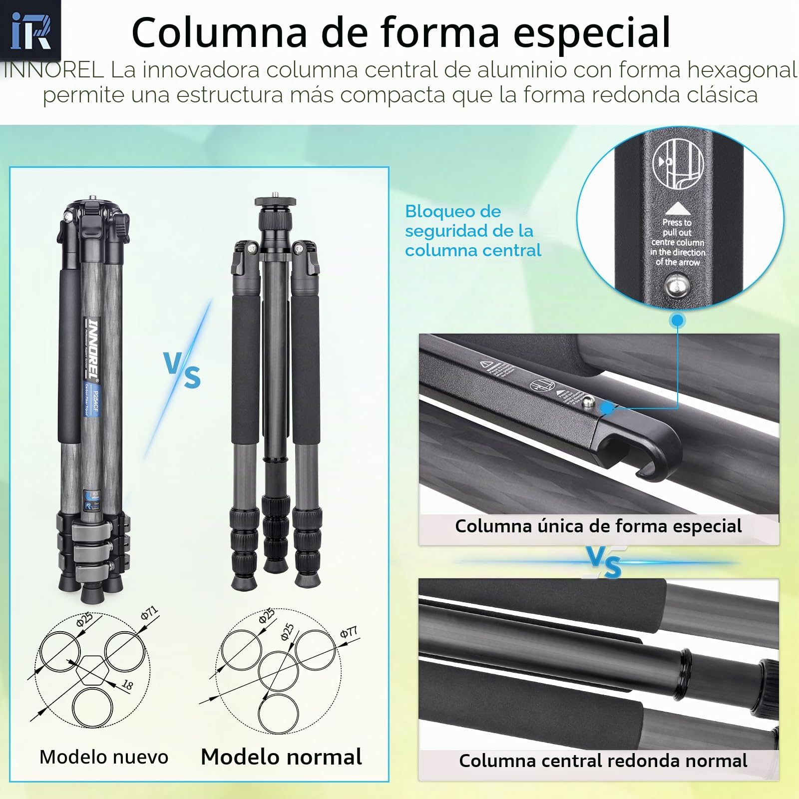 INNOREL P254CF Tripode de viaje de fibra de carbono 160 cm, trípode compacto profesional para cámara DSLR de viaje con rótula central de baja gravedad