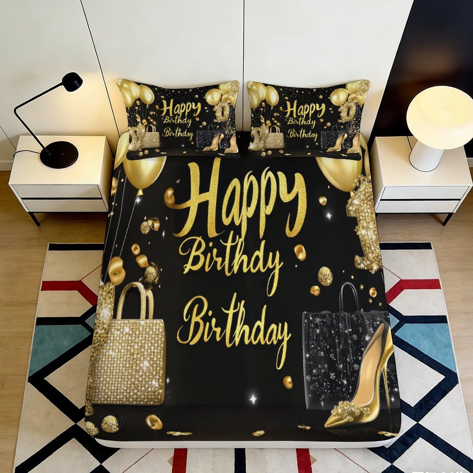 Dhbaneiok Style-8 3D Printed Birthday Celebration Fitted Sheet Microfiber Gold Champagne Glasses Bed Cover For Bedroom Guest Room Decor 90X200x25cm