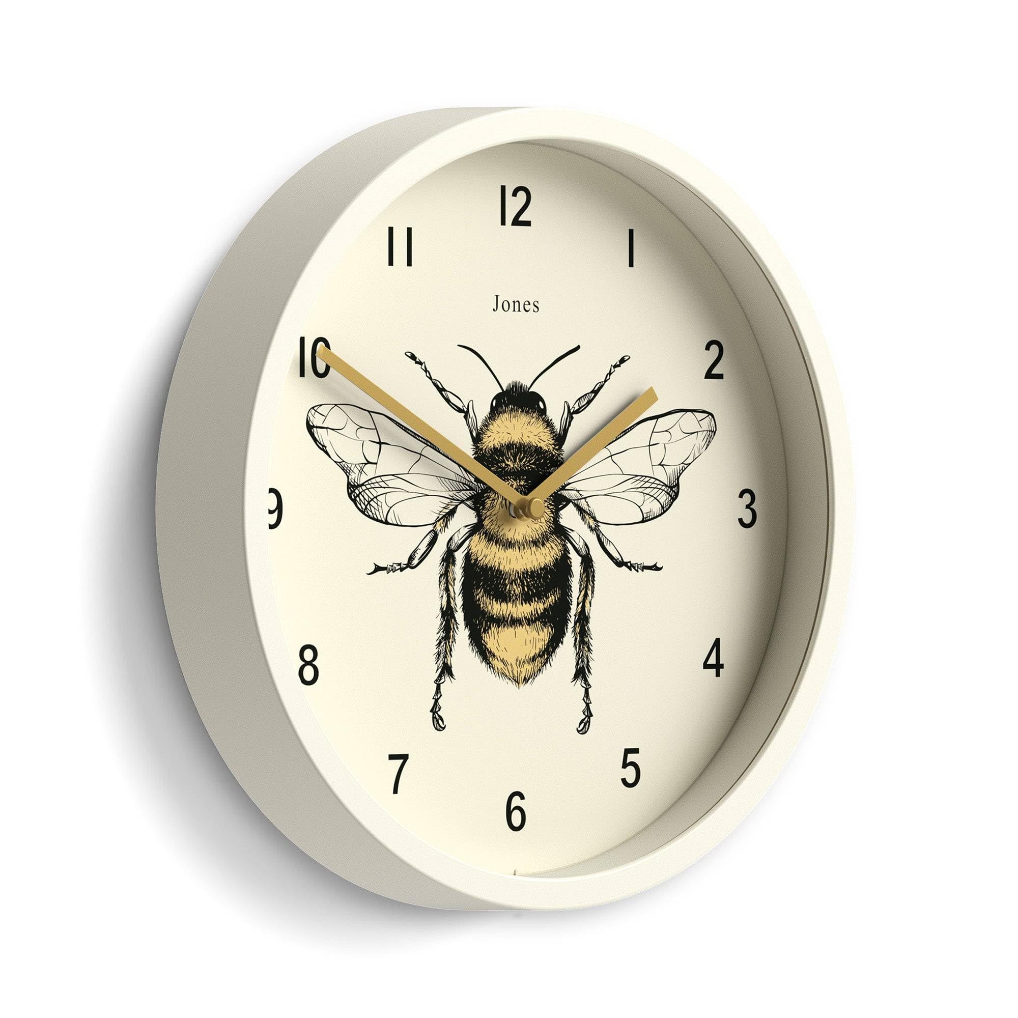 Jones Clocks White Jones Clocks® Bee Wall Clock | Small Modern Clock With Honeybee Illustration | 25Cm | Pale Cream | Decorative Design For Kitchen, Living Room, Bedroom Or Office
