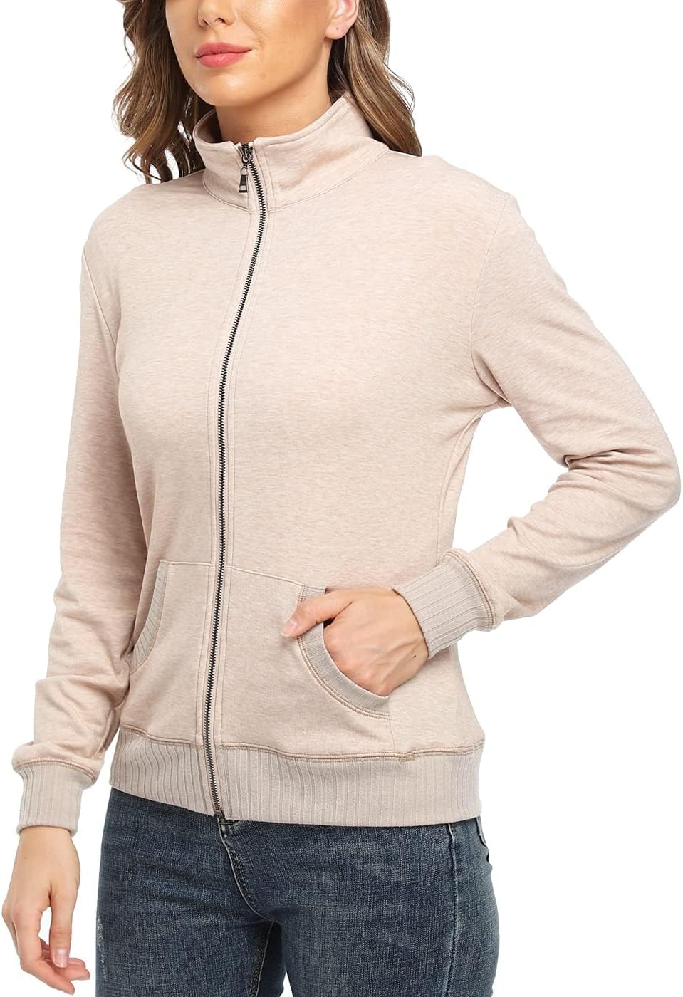 Women's Zip up Sweatshirt Jacket Stand Collar Hoodless Running Sweatshirt with Pockets