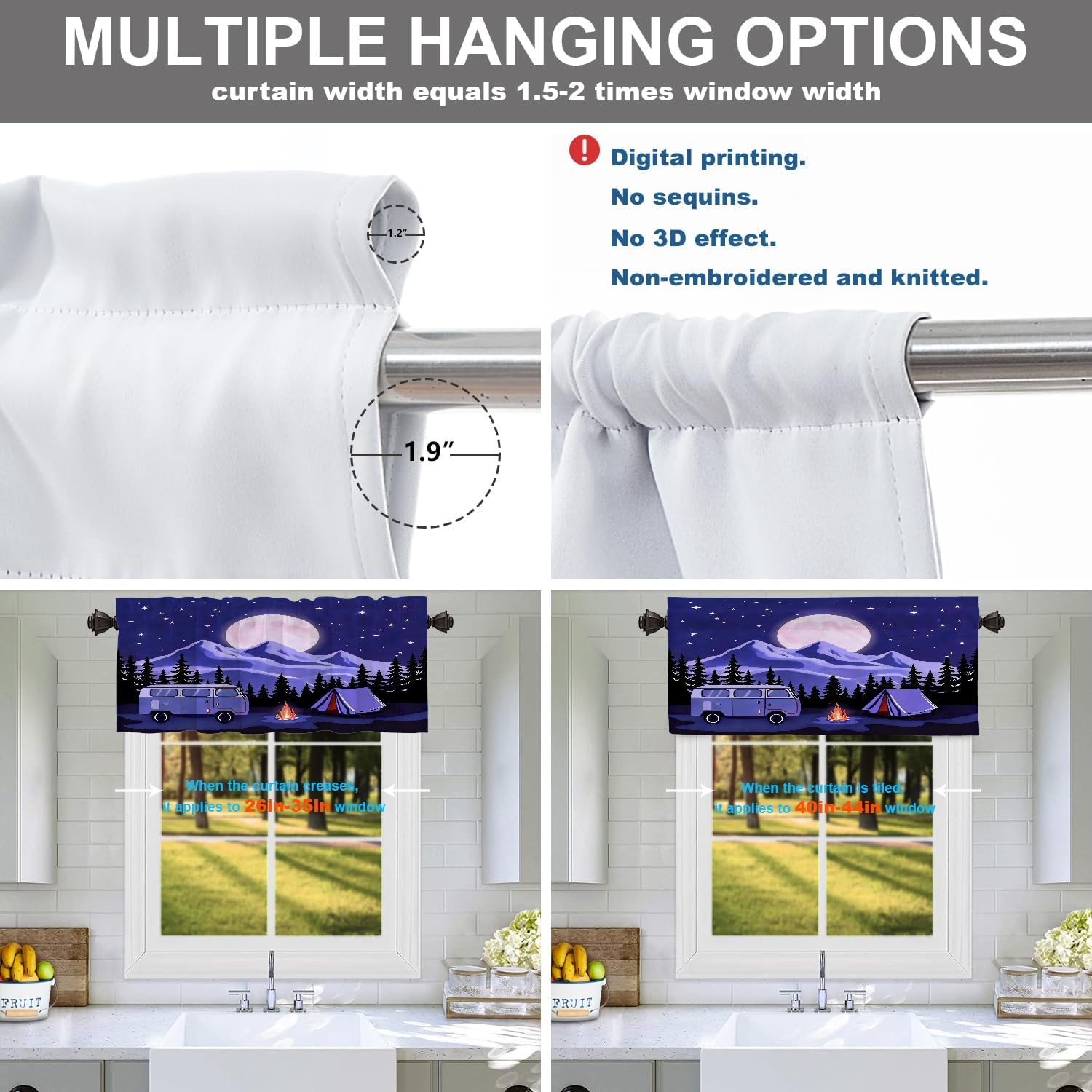 Batmerry Adventure Camping Kitchen Valances Half Window Curtain, Rv and Camping Camper Van Kitchen Valances for Windows Bedroom Heat Insulated Valance for Decor Reducing The Light 52x18 Inch