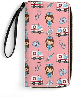 Ladies Phone Clutch Long Purse Wristlet Women's Credit Card Holder Leather Wallet Compact Blocking Wallet (Ambulance Nurse Medical Instruments Pink)