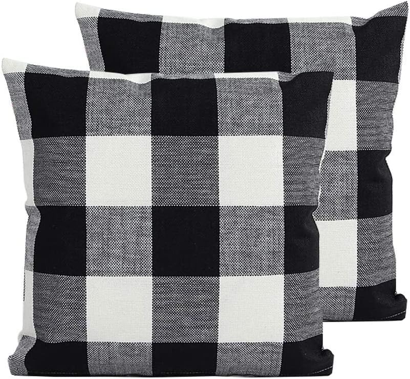 TEALP Buffalo Check Throw Pillow Cover - 18x18 inch Linen Cotton Decorative Pillow Case Home Sofa Cushion, Farmhouse Fall Home Decor, Set of 2 Black and White