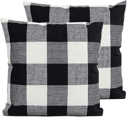 TEALP Buffalo Check Throw Pillow Cover - 18x18 inch Linen Cotton Decorative Pillow Case Home Sofa Cushion, Farmhouse Fall Home Decor, Set of 2 Black and White