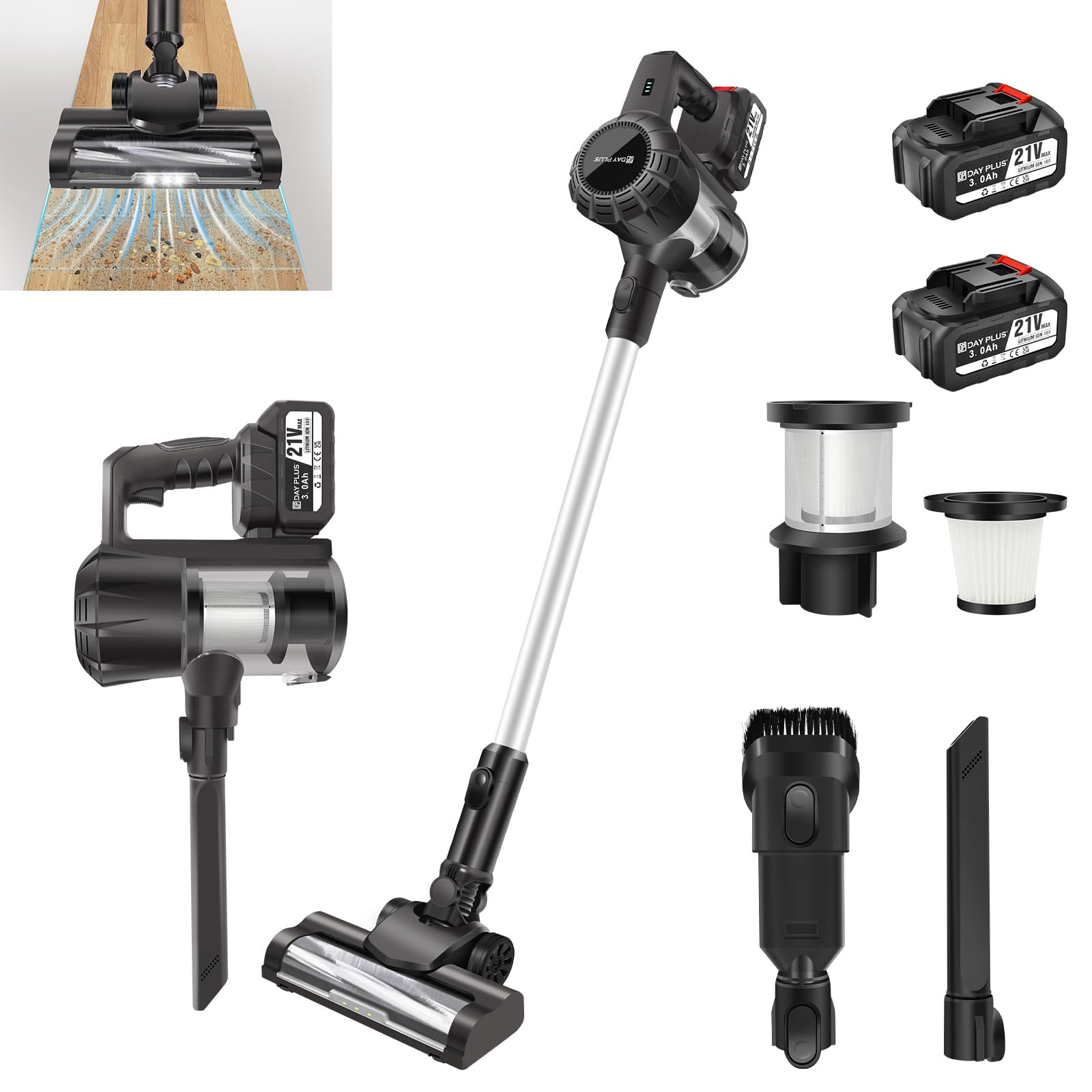 Aspirador de pie inalámbrico 3 en 1, con LED y soporte de pared, 15000 Pa, potente aspiradora inalámbrica con filtro y doble batería, aspiradora de varilla para pelo de mascotas
