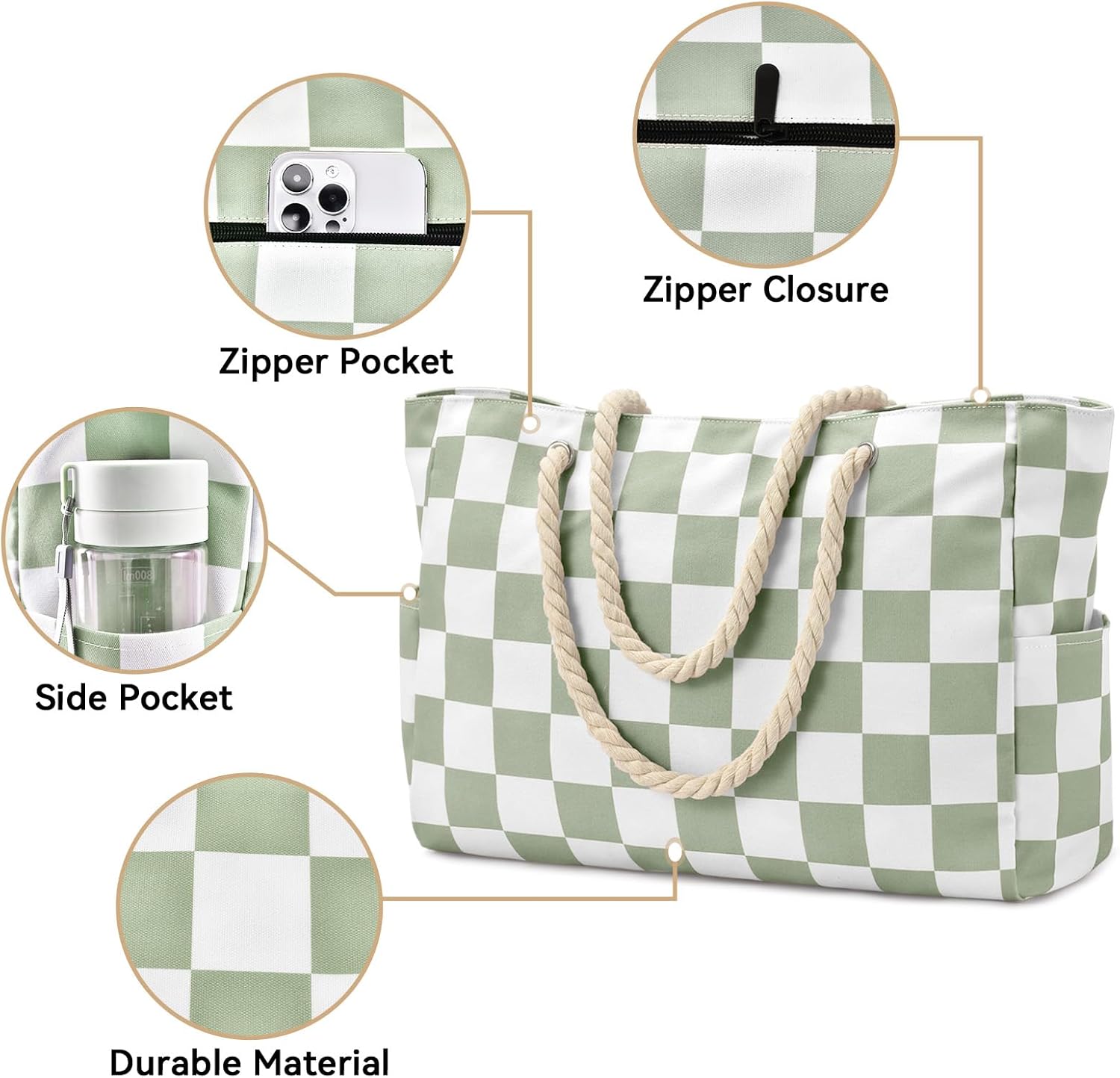 Becokan Beach Bags for Women Checkered Large Beach Tote Bag Zipper Beach Bags Waterproof Sandproof Canvas Swim Pool Bag - Image 4