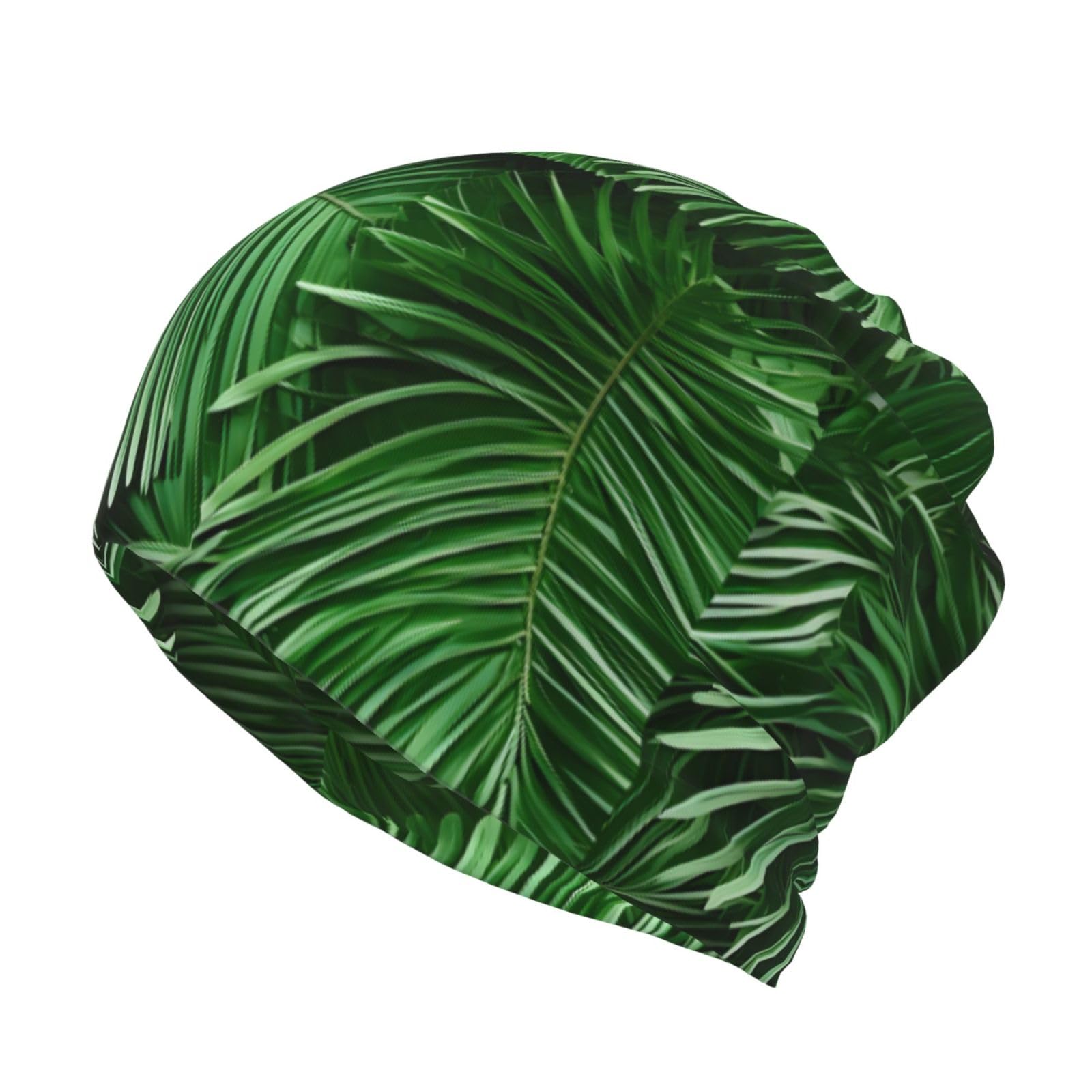 Cute Green Palm Leaves Print Unisex Beanie Hat, Ponytail-Friendly, All-Season Convertible Head Wear for Travel/Sports